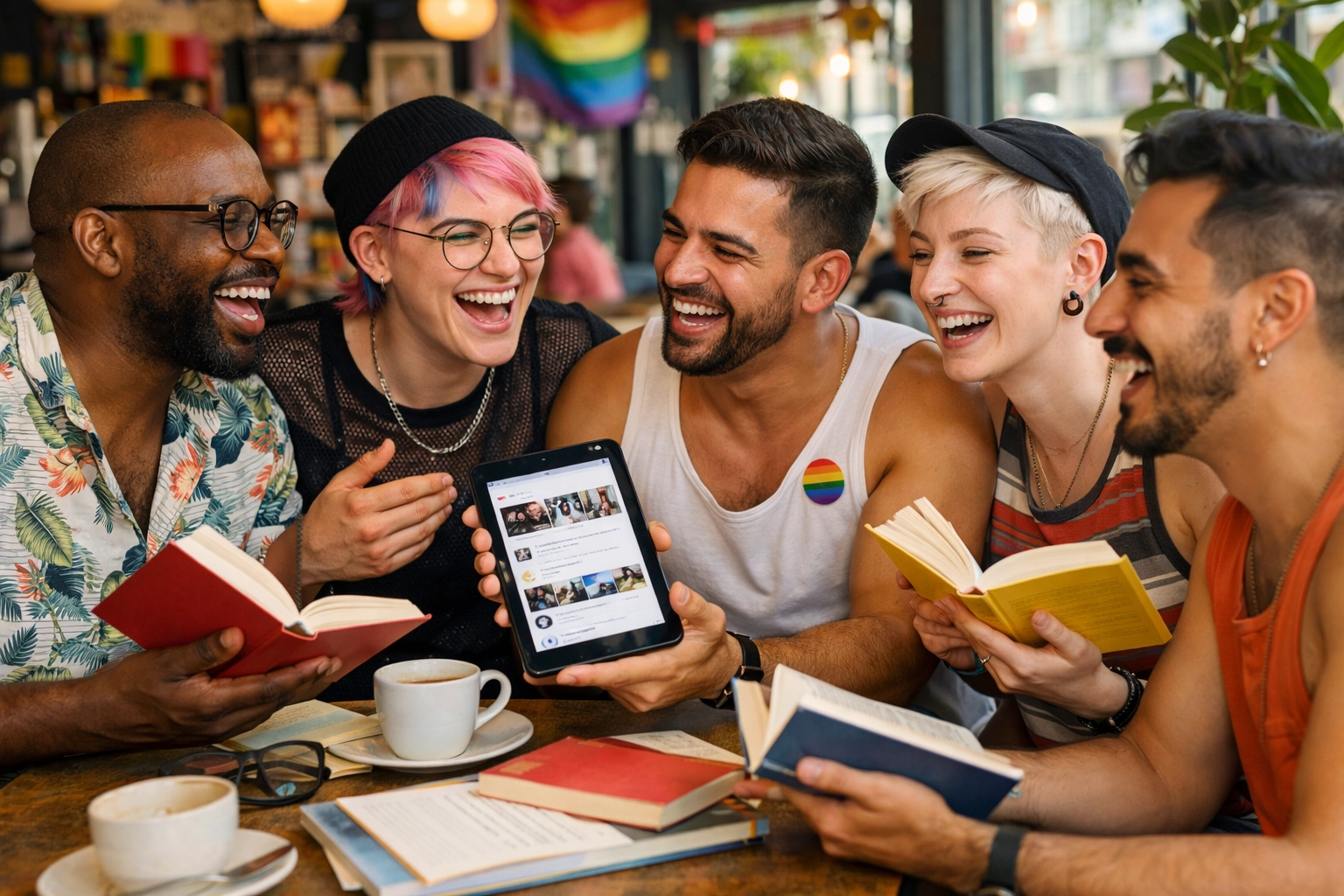 A diverse group of queer friends discussing gay novels in a sunlit urban cafe.