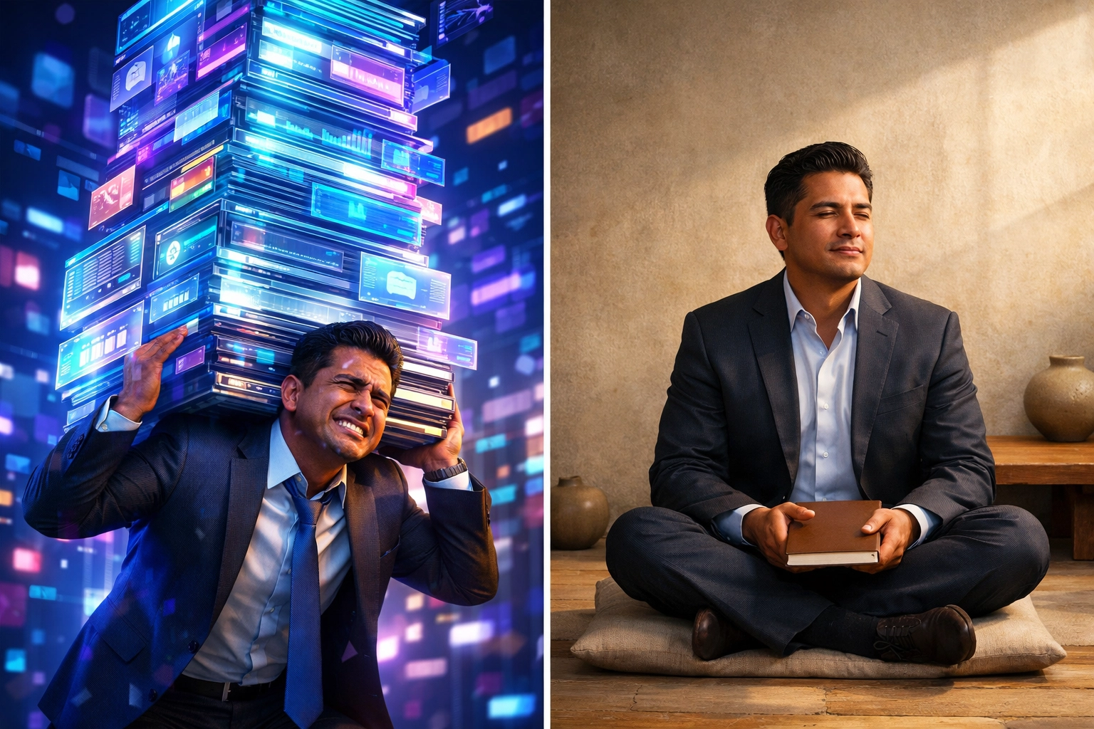 Business leader overwhelmed by technology contrasted with peaceful human-centered approach