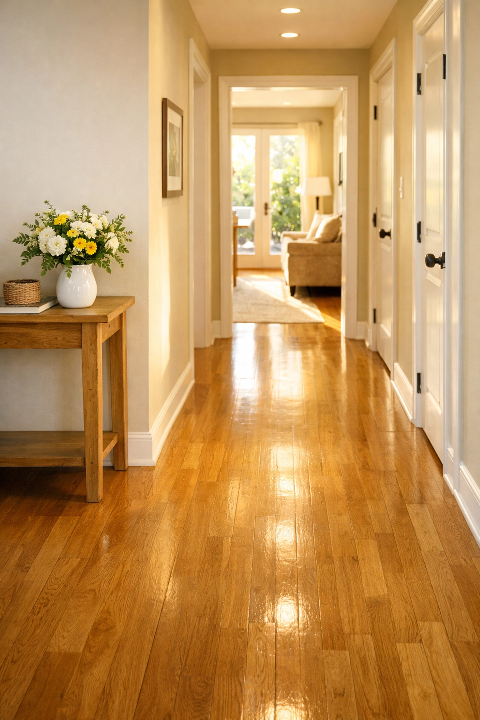 Clutter-free hallway with polished wood floors providing a safe walking path to prevent trips and falls.