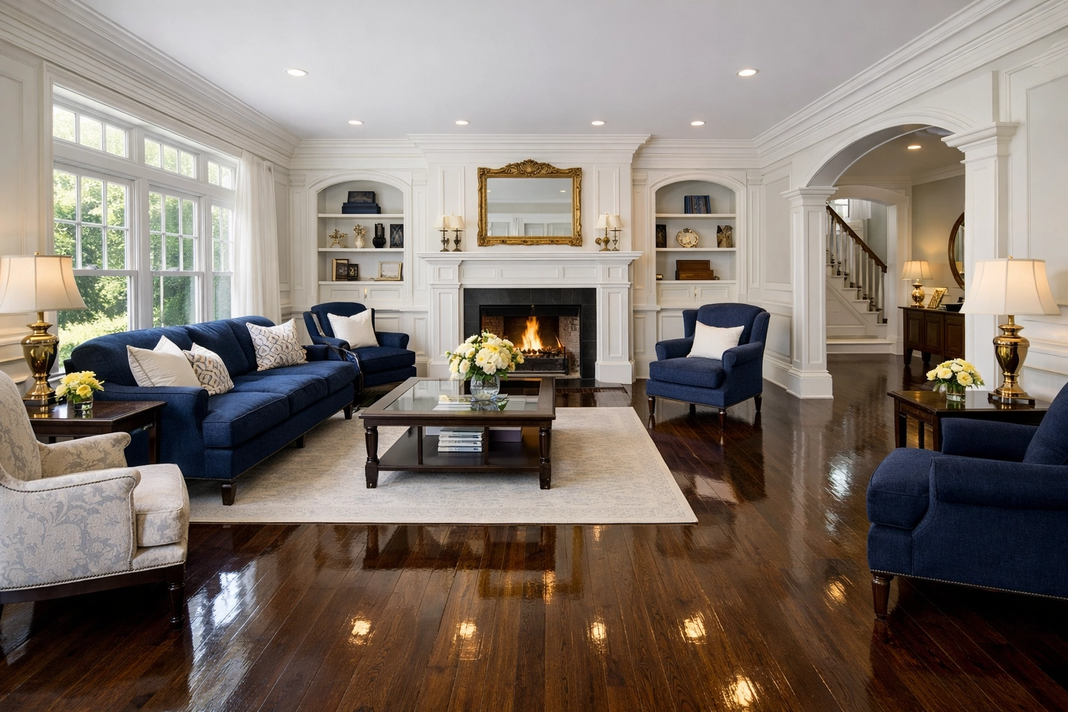 Bespoke cleaning plan results in a pristine Wayland living room with polished hardwood floors.