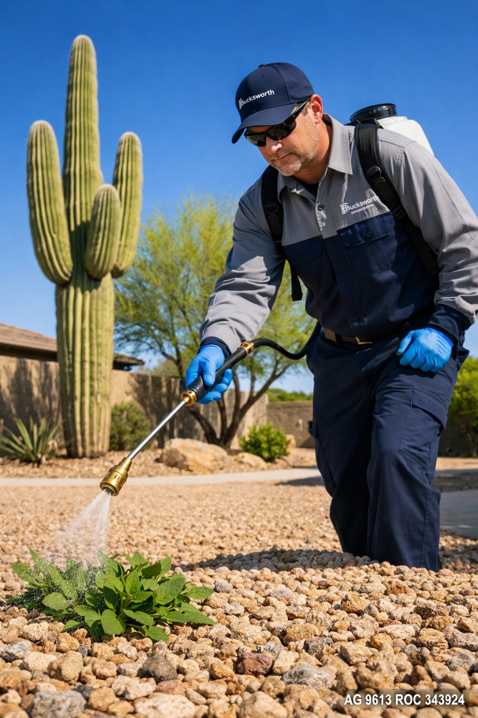 Bucksworth Home Services technician applying professional weed control in a Surprise AZ desert landscape yard.