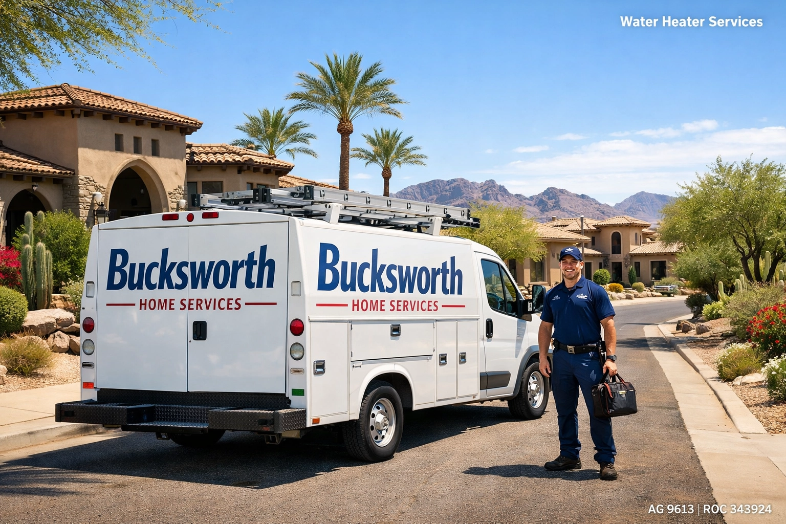 Bucksworth Home Services truck parked for a water heater service call in Las Sendas, Mesa.