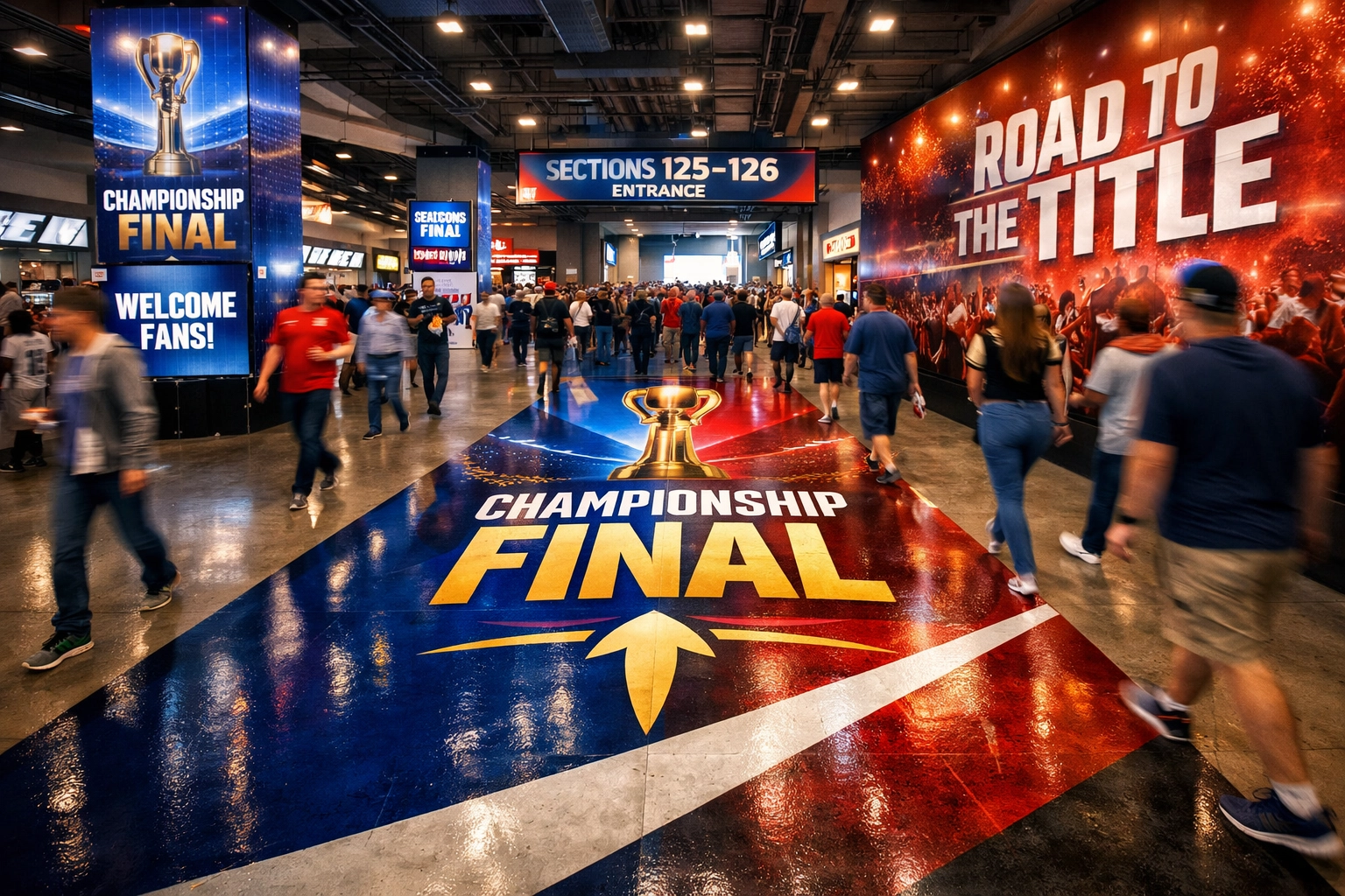 Immersive venue-wide branding featuring floor graphics and digital signage in a stadium concourse.