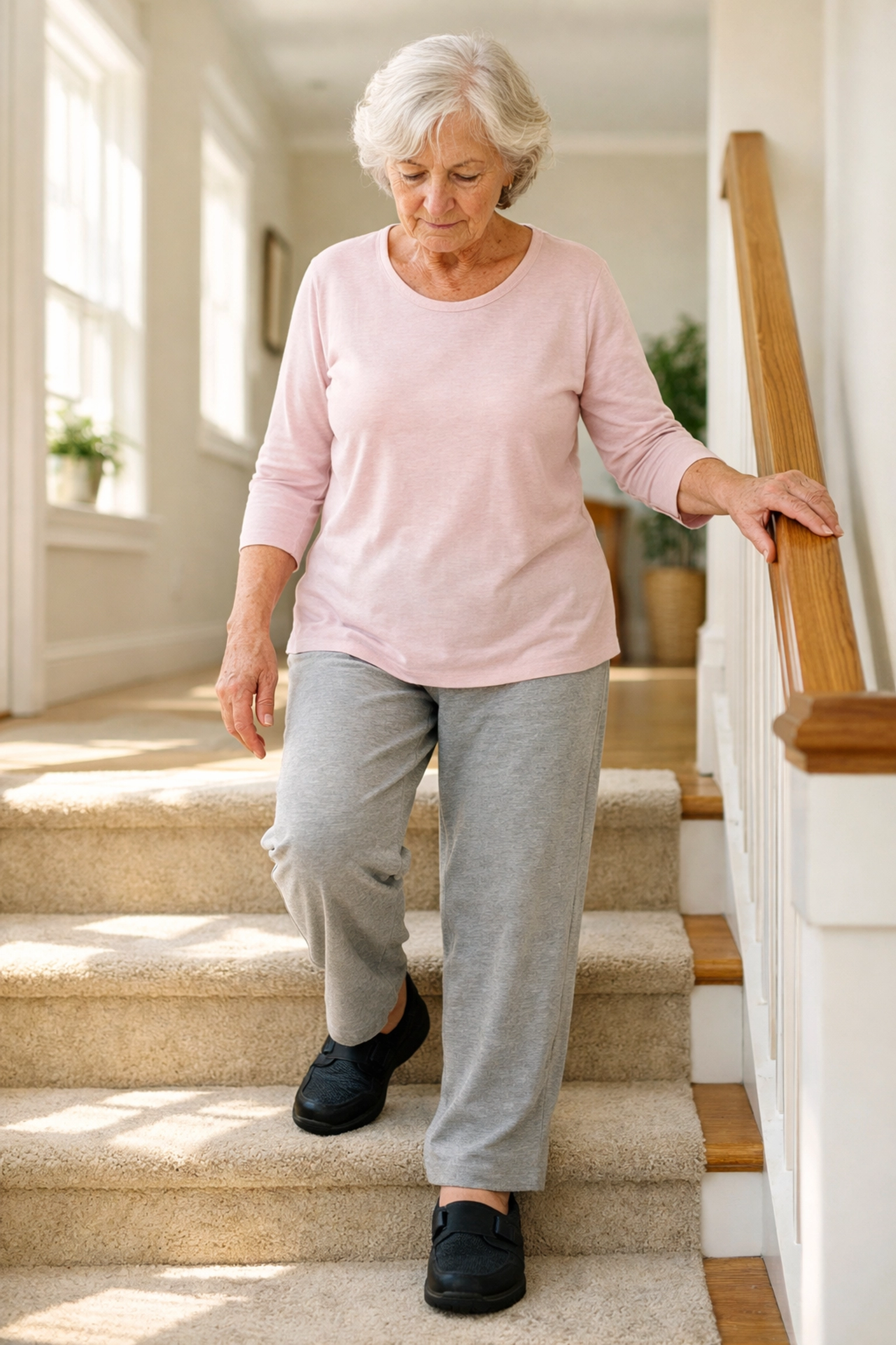 Senior woman focusing on stair safety by using the handrail and wearing supportive, non-slip shoes.