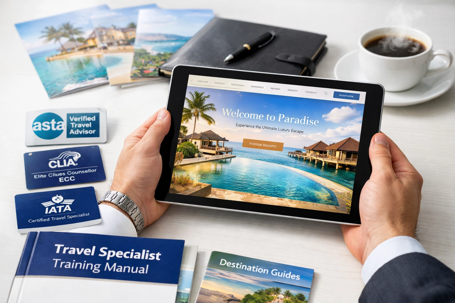 Travel advisor certification materials and training resources on professional desk