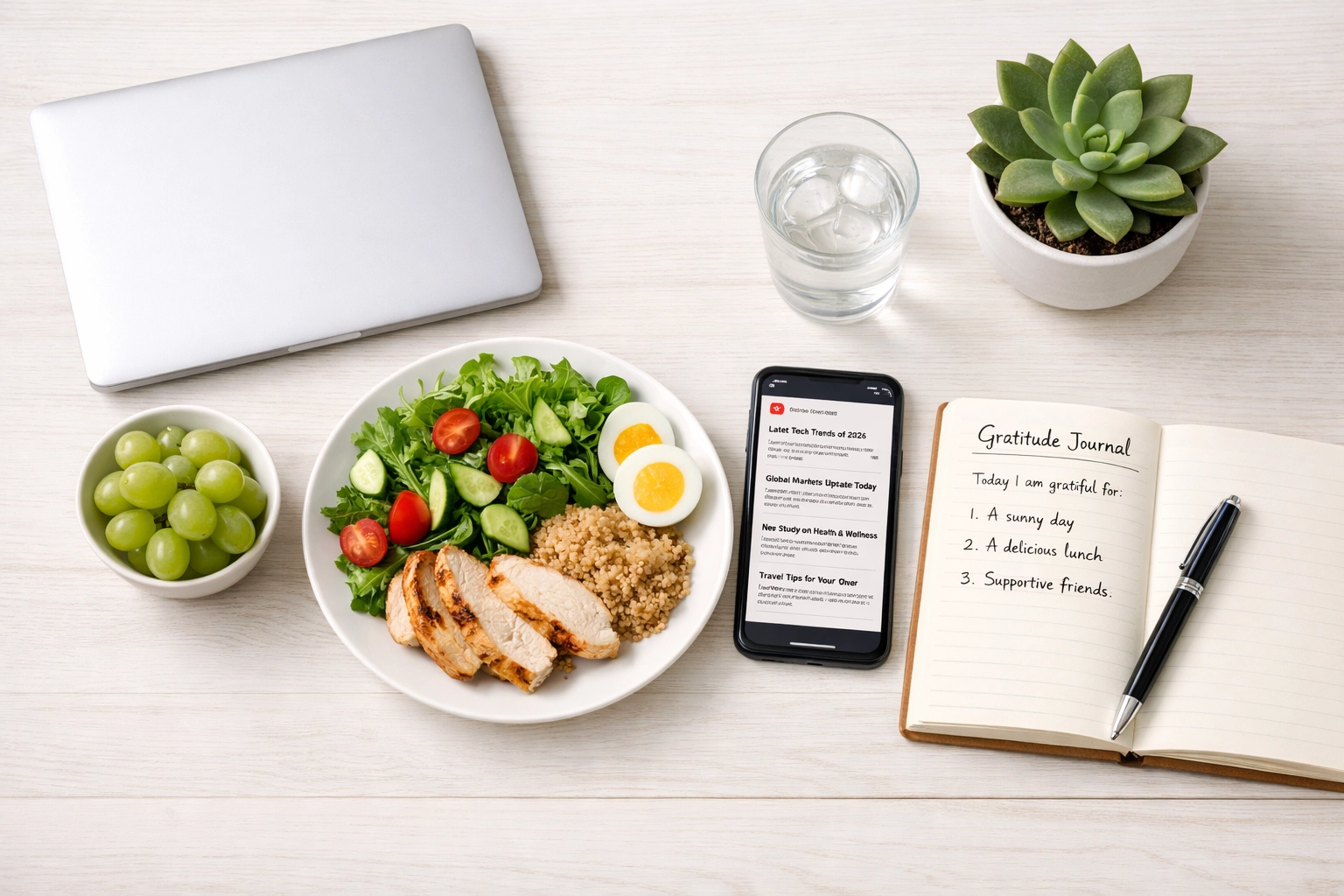 Organized workspace with gratitude journal and RSS reader - intentional news consumption during lunch