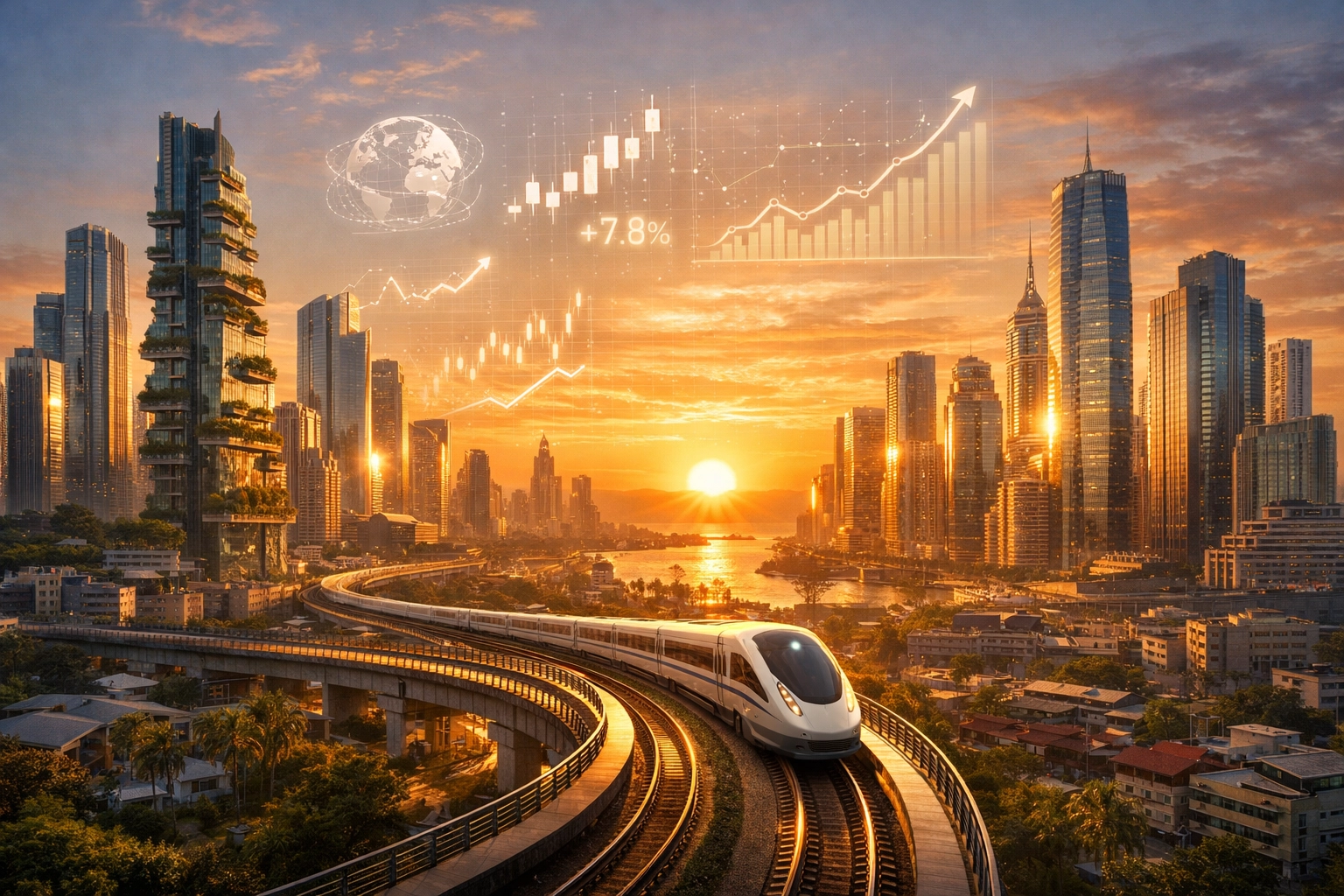 Futuristic Indian city skyline at dawn representing the rising powerhouse economy of India.