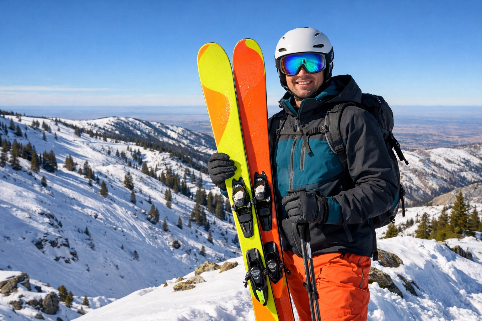 Skier testing gear at Bogus Basin Demo Day with views of the Boise area mountain recreation trails.