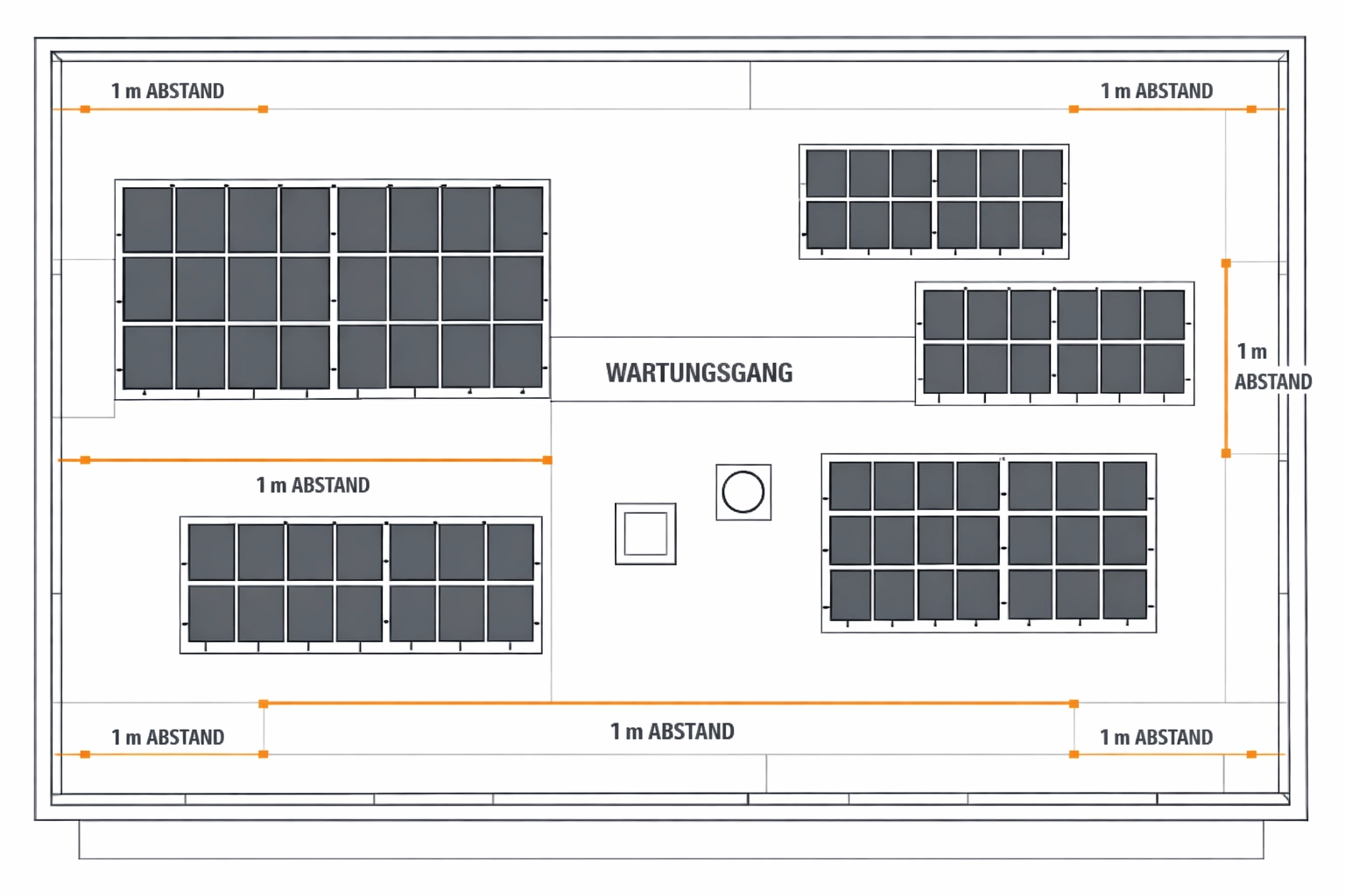 Technische Skizze der PV-Modul-Anordnung mit Sicherheitsabständen auf Wiener Dächern.