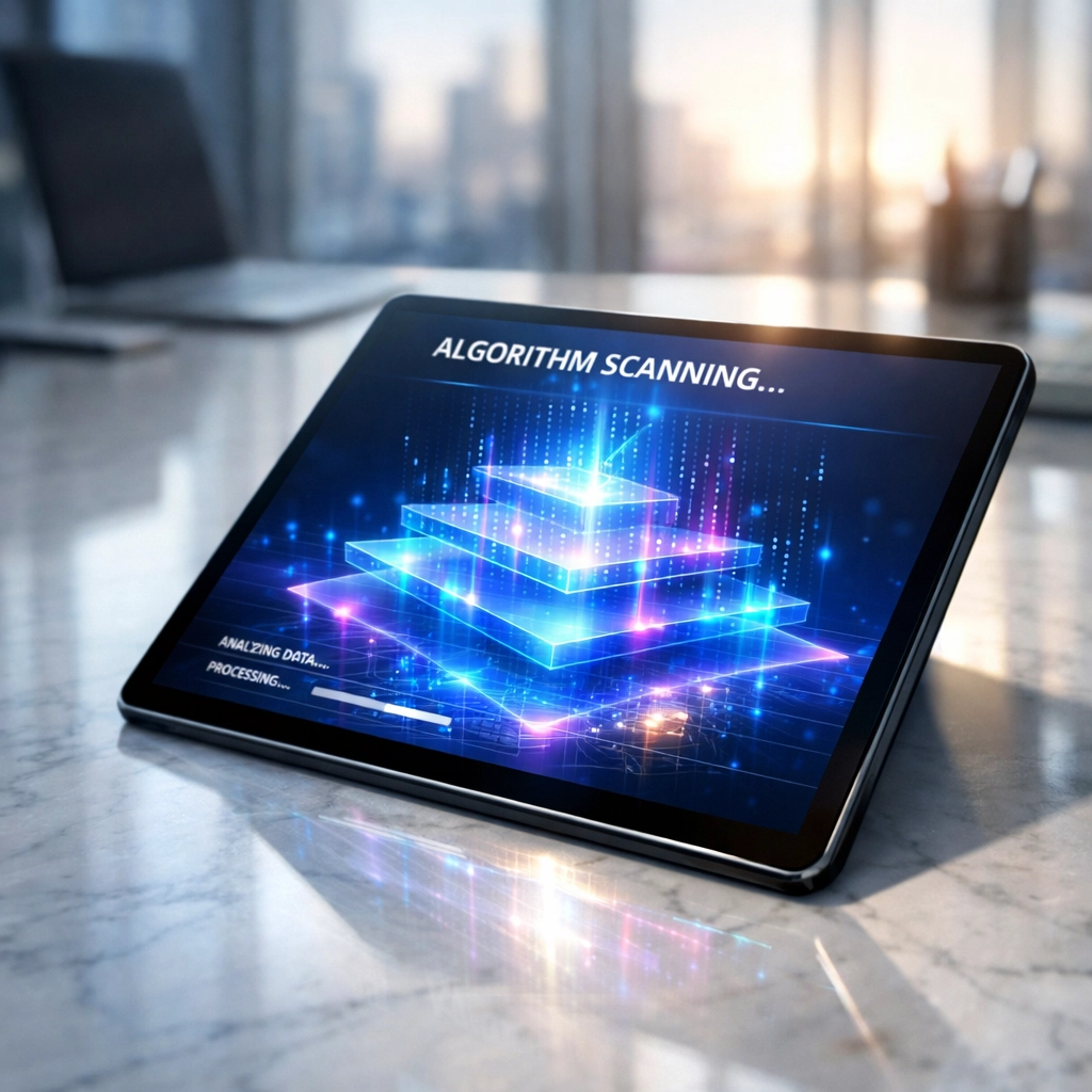 Digital tablet showing an AI social media algorithm scanning content for SEO categorization.