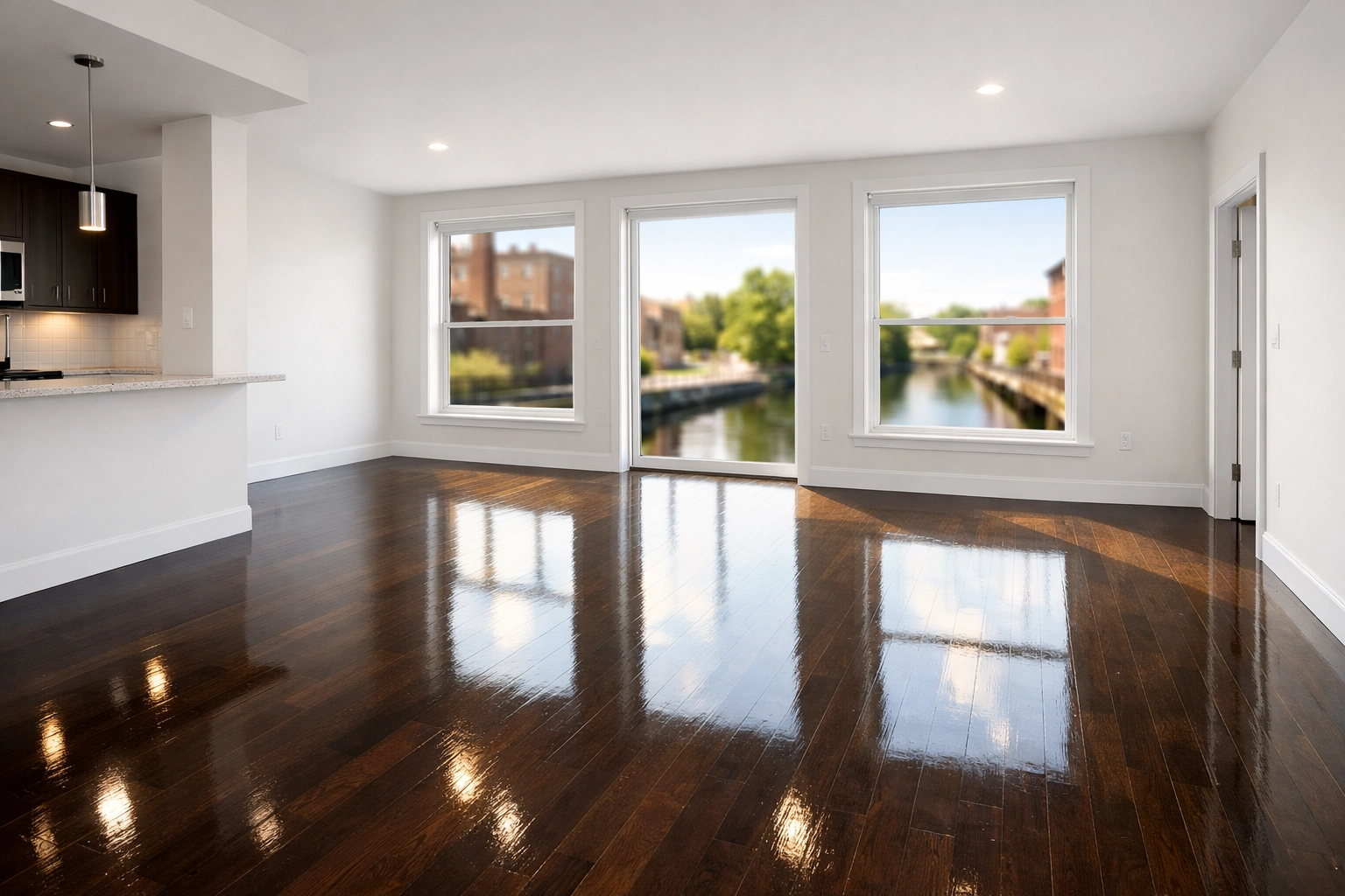 Empty luxury apartment with polished floors ready for move-in/move-out cleaning Lowell near the historic canals.