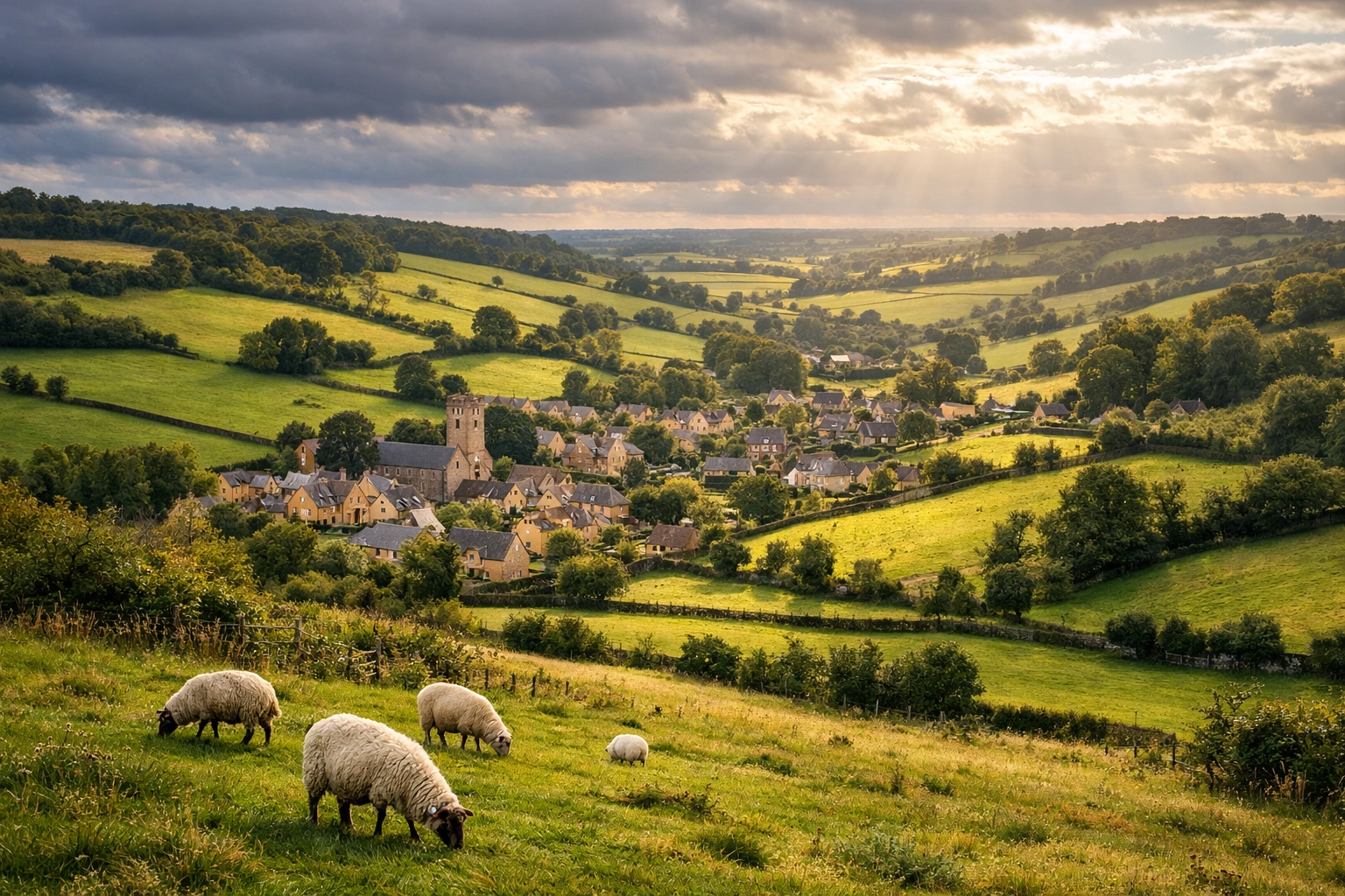 Panoramic view of Naunton village nestled in the green landscape of the Cotswold countryside.