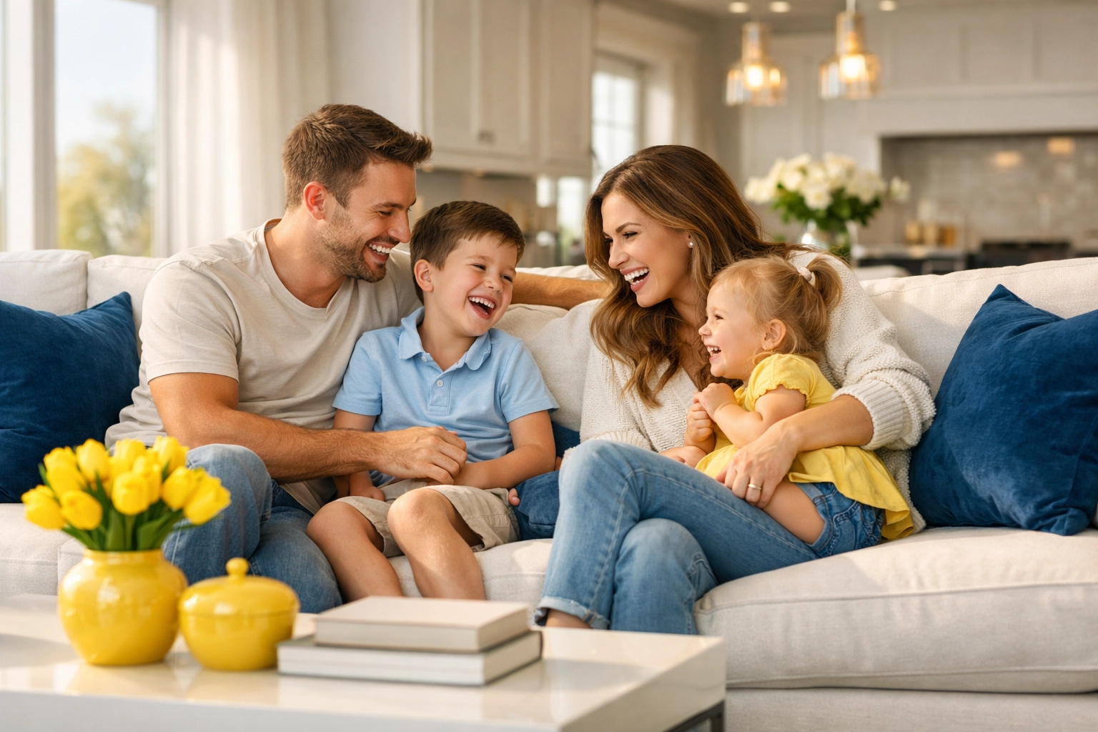 Happy family enjoying a clean, dust-free living room in Lowell after a professional deep cleaning.