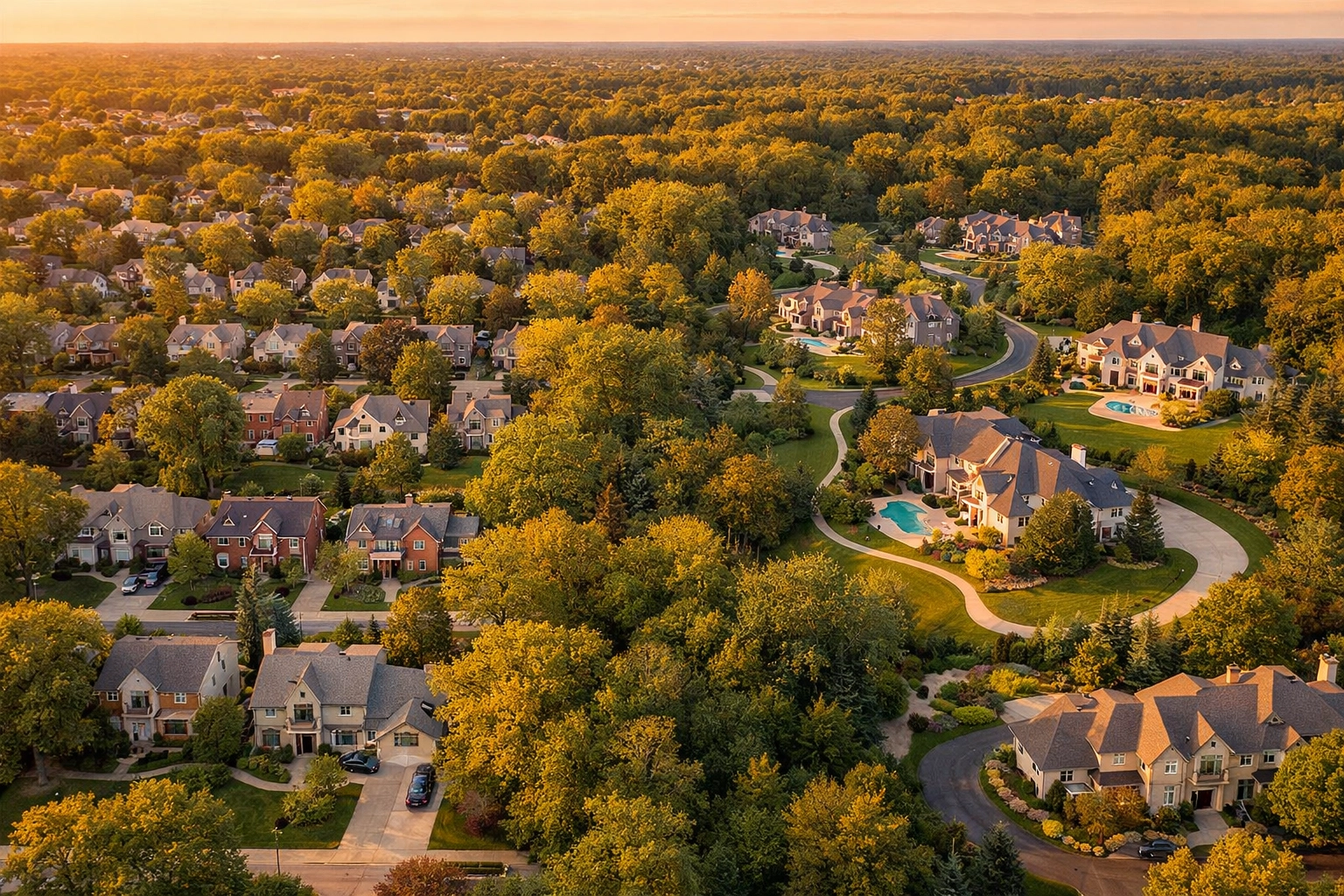 Aerial view comparing compact Glenview and spacious Barrington Chicago suburb neighborhoods