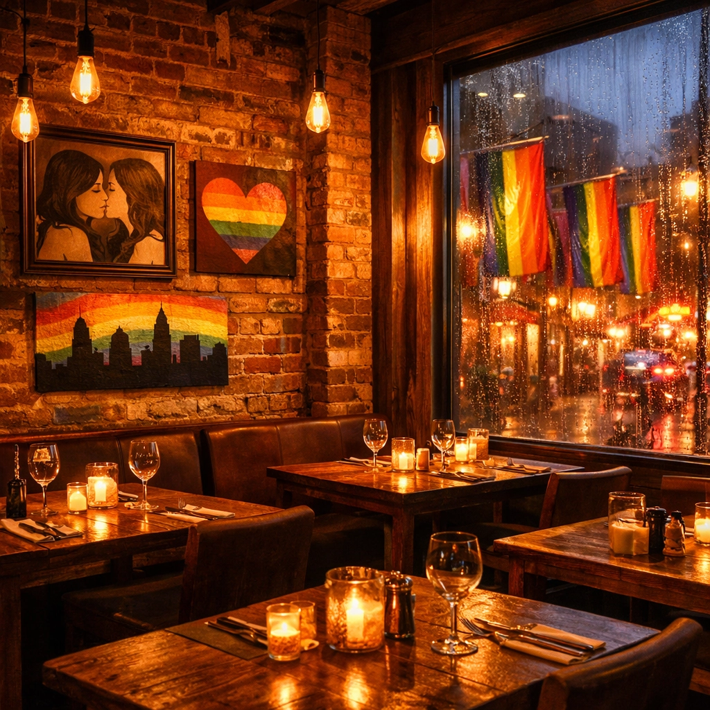 Cozy LGBTQ+ friendly restaurant interior in Philadelphia with pride flags and warm lighting