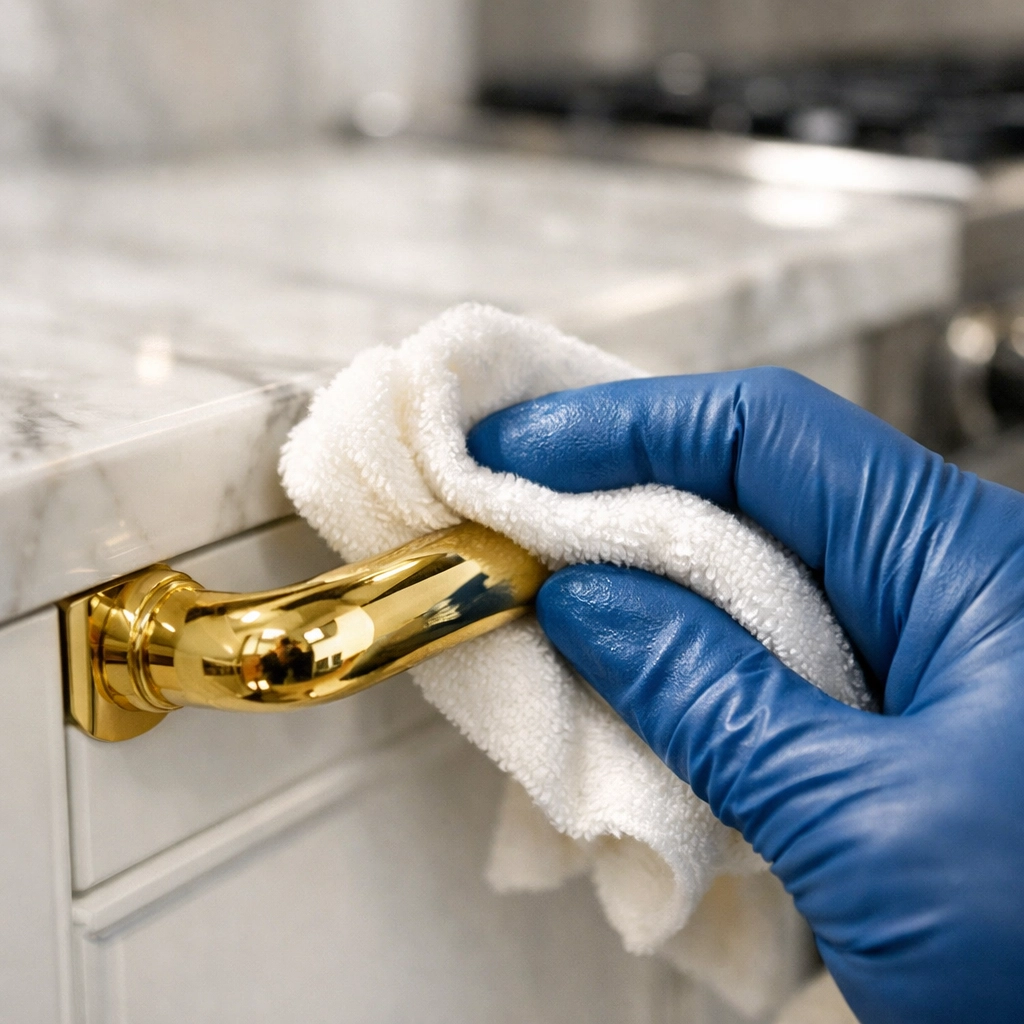 Buffing brass hardware in a gourmet kitchen to achieve the perfect luxury house cleaning Hamilton shine.