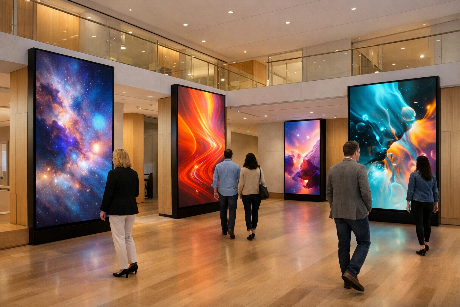 Modern museum gallery with digital signage, showcasing Dakdan Worldwide’s cross-industry media solutions.