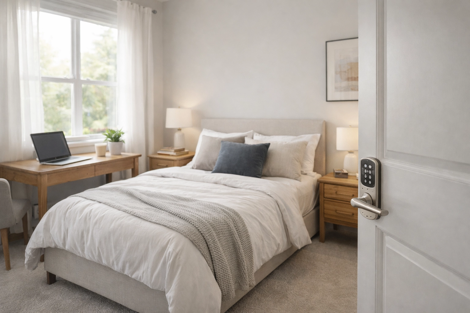Private bedroom with digital lock in affordable co-living home