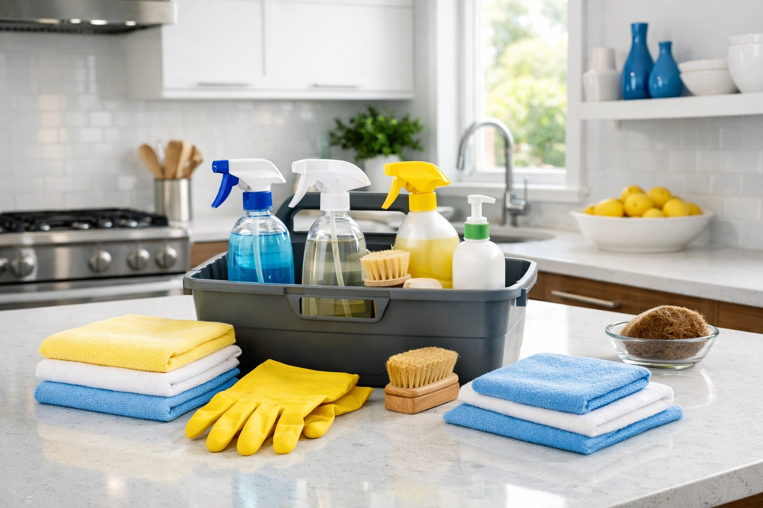 High-end, professional-grade house cleaning setup: eco-friendly supplies neatly staged in a spotless modern kitchen.