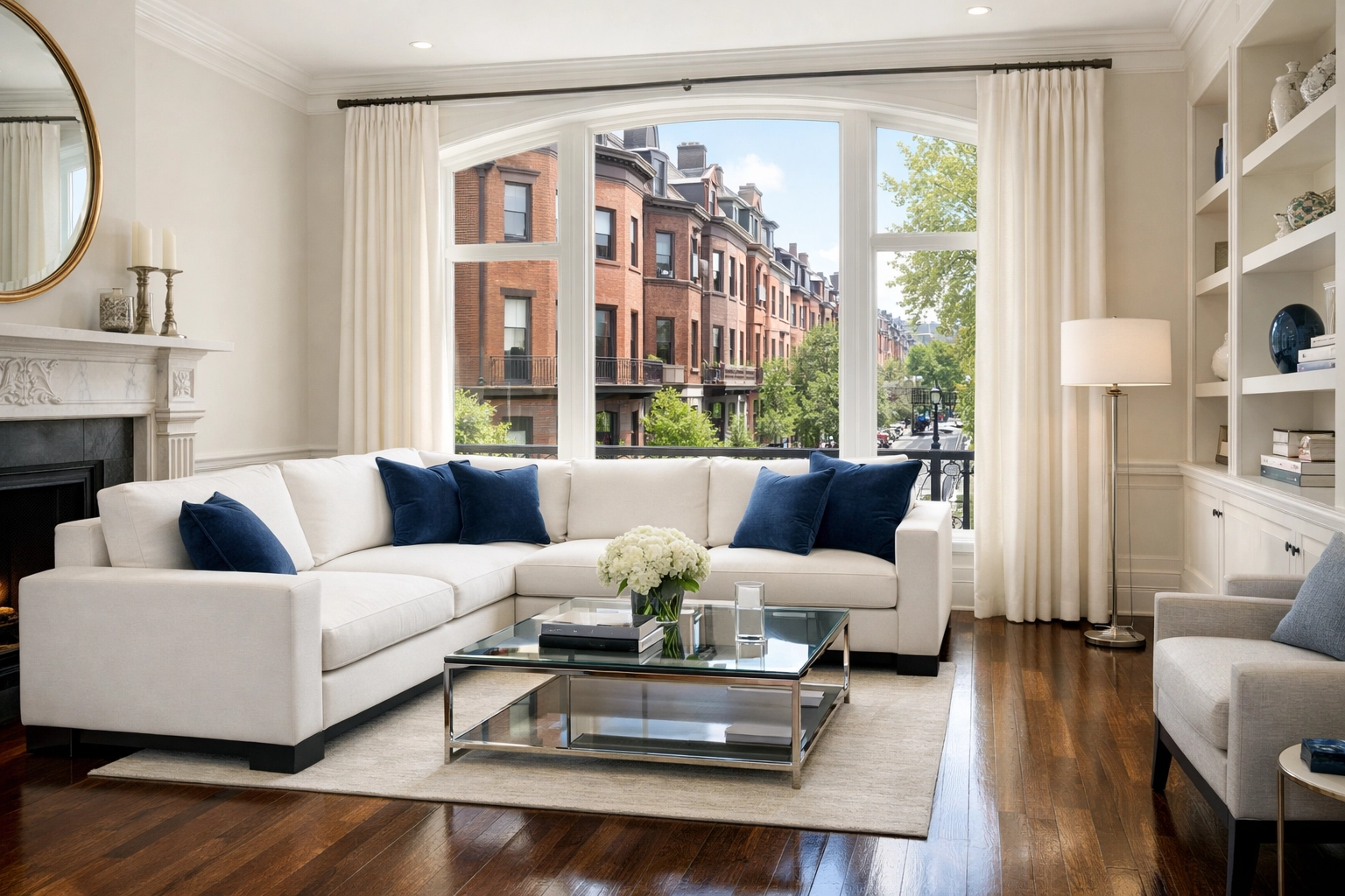 Clean and reliable house cleaning Boston MA service for a sun-drenched brownstone living room.