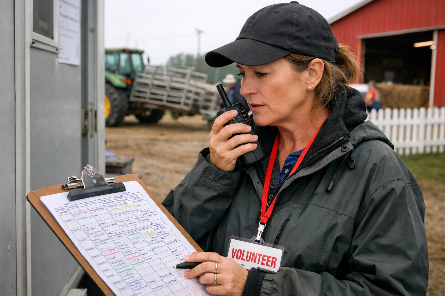 Volunteer coordinator managing fairground operations with a radio and clipboard during a busy morning setup.