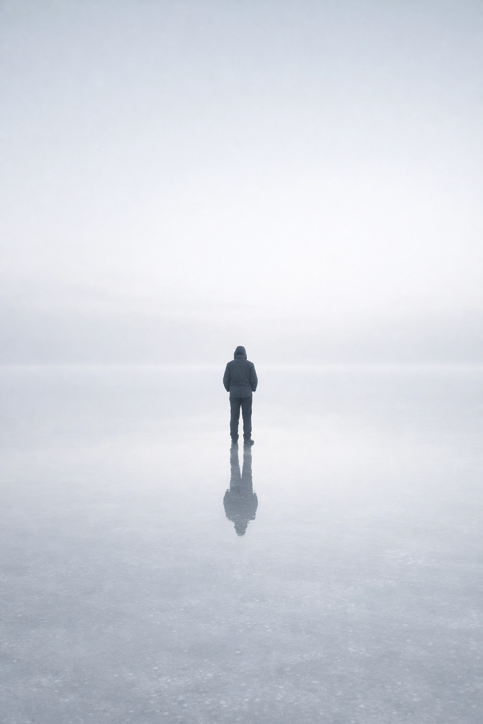 Silhouette standing in an open misty landscape representing mental clarity and the Default Mode Network.