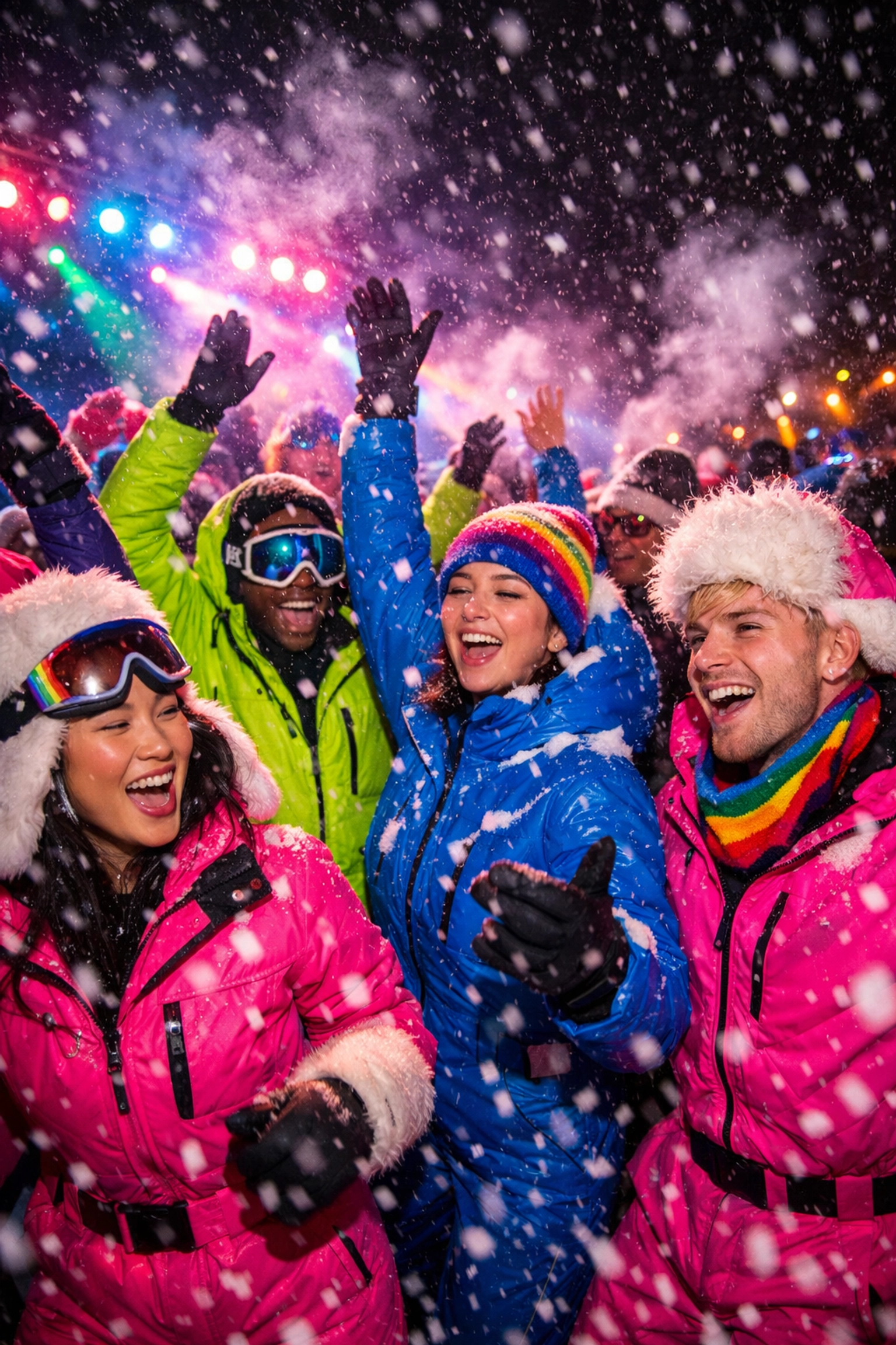LGBTQ+ crowd dancing at outdoor winter music festival in Montreal