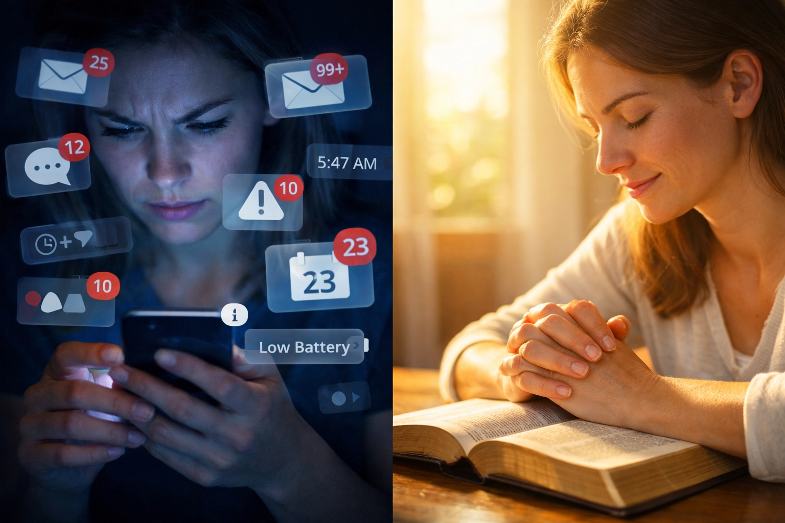 Contrast between anxious phone scrolling and peaceful morning prayer with Bible