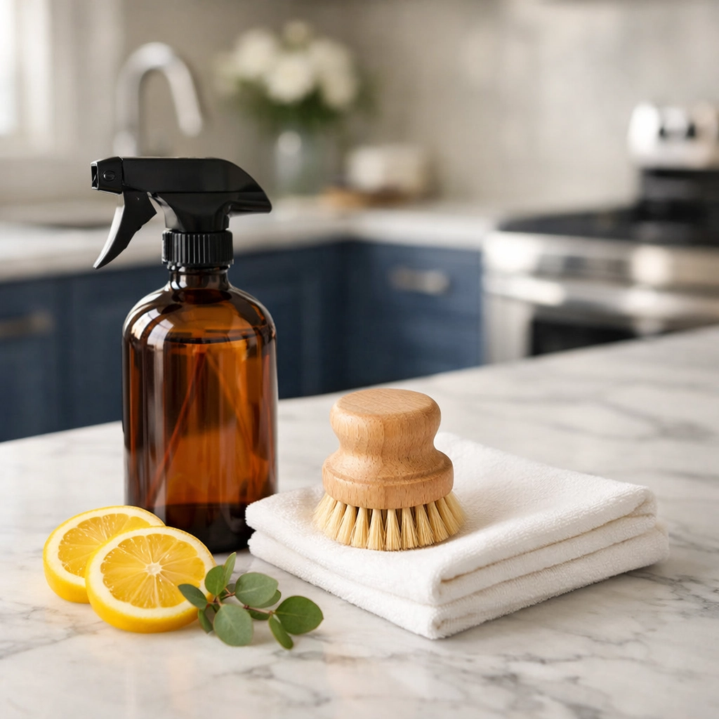 Eco-friendly cleaning products on a pristine white marble kitchen counter in an Edgartown residence.