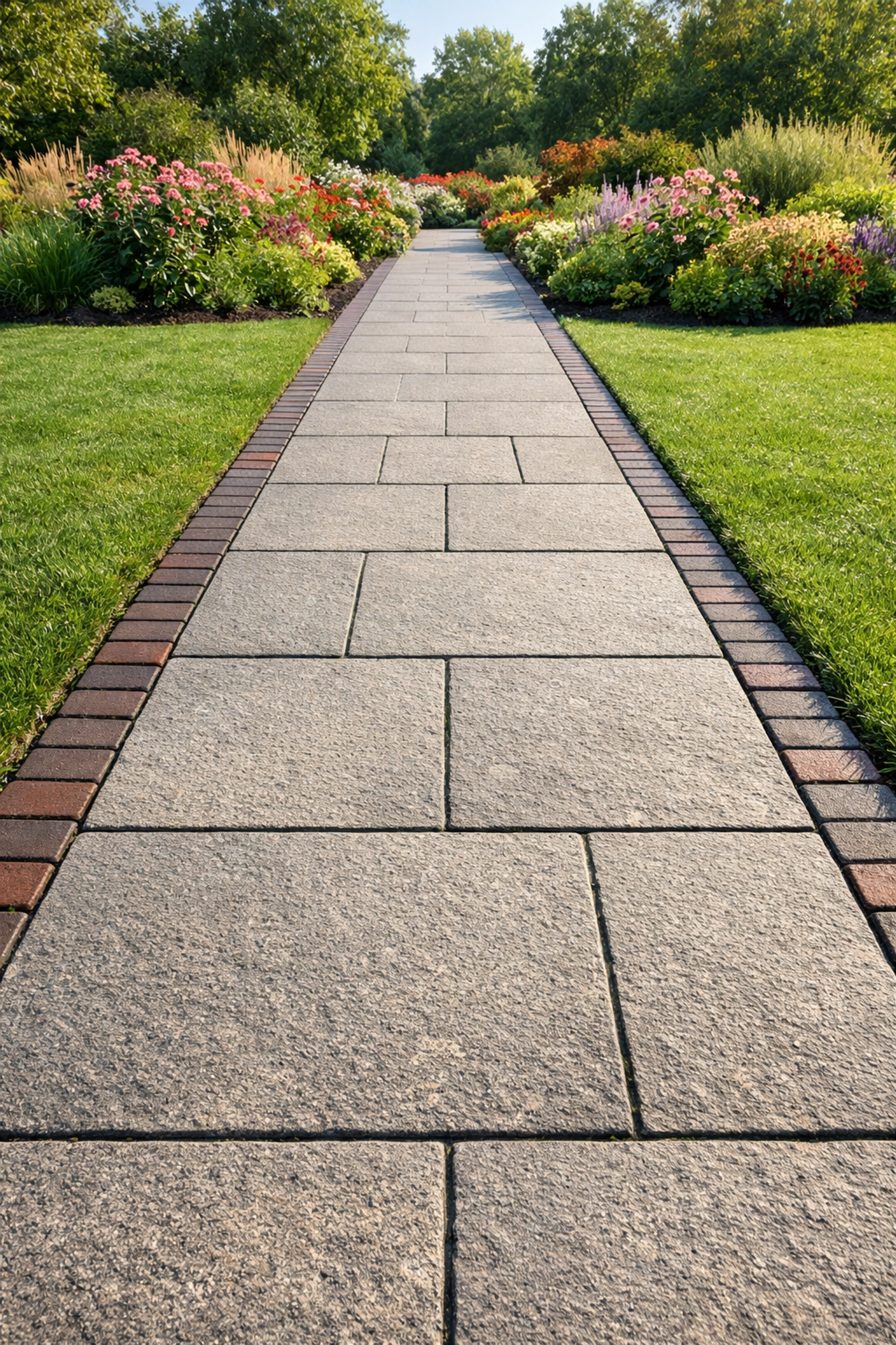 Level garden path with non-slip stone pavers and high-contrast brick edging to prevent trips and falls.