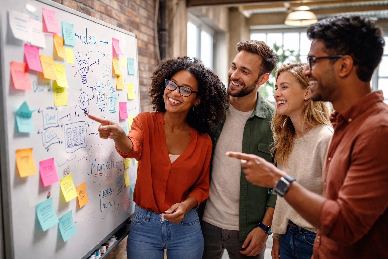 Diverse startup team collaborating on content strategy, brainstorming ideas at an office whiteboard