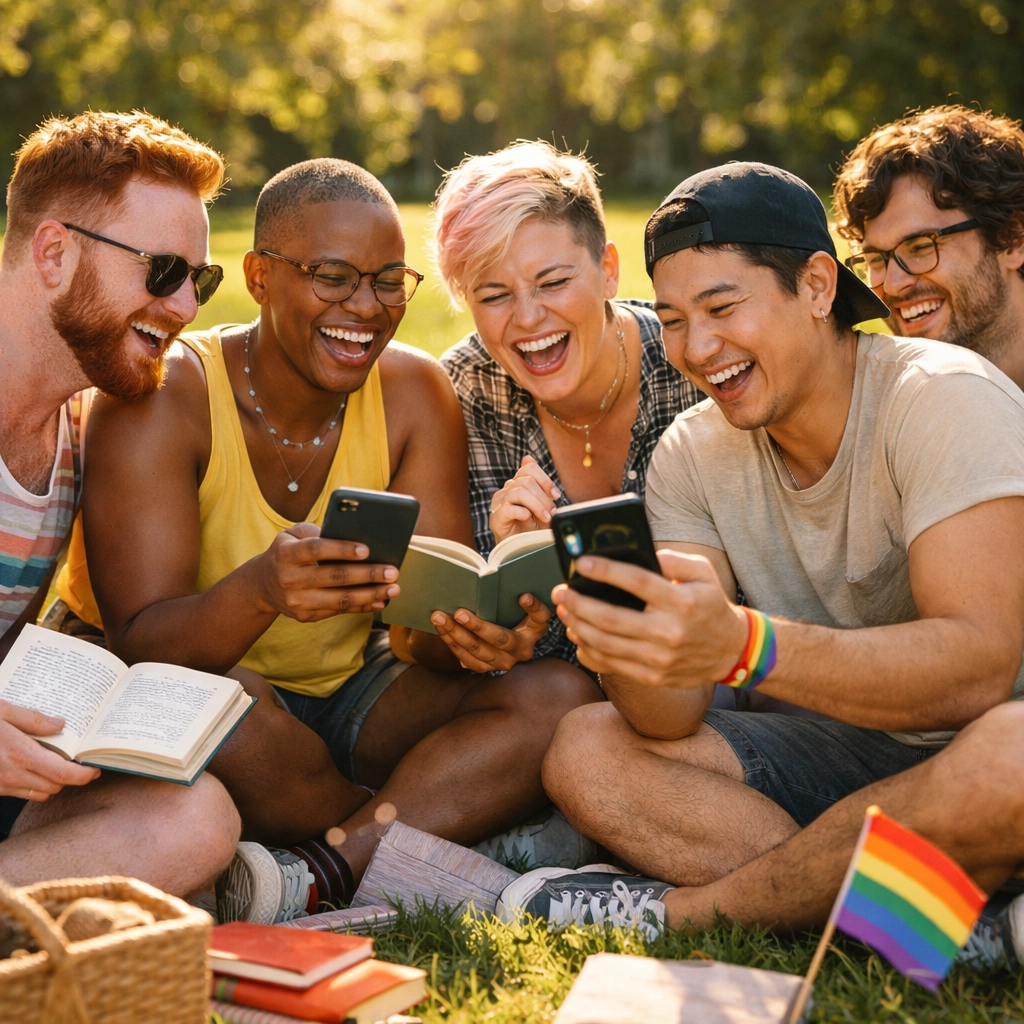 Diverse LGBTQ+ friends laughing and sharing bookish memes and gay romance recommendations in a park.