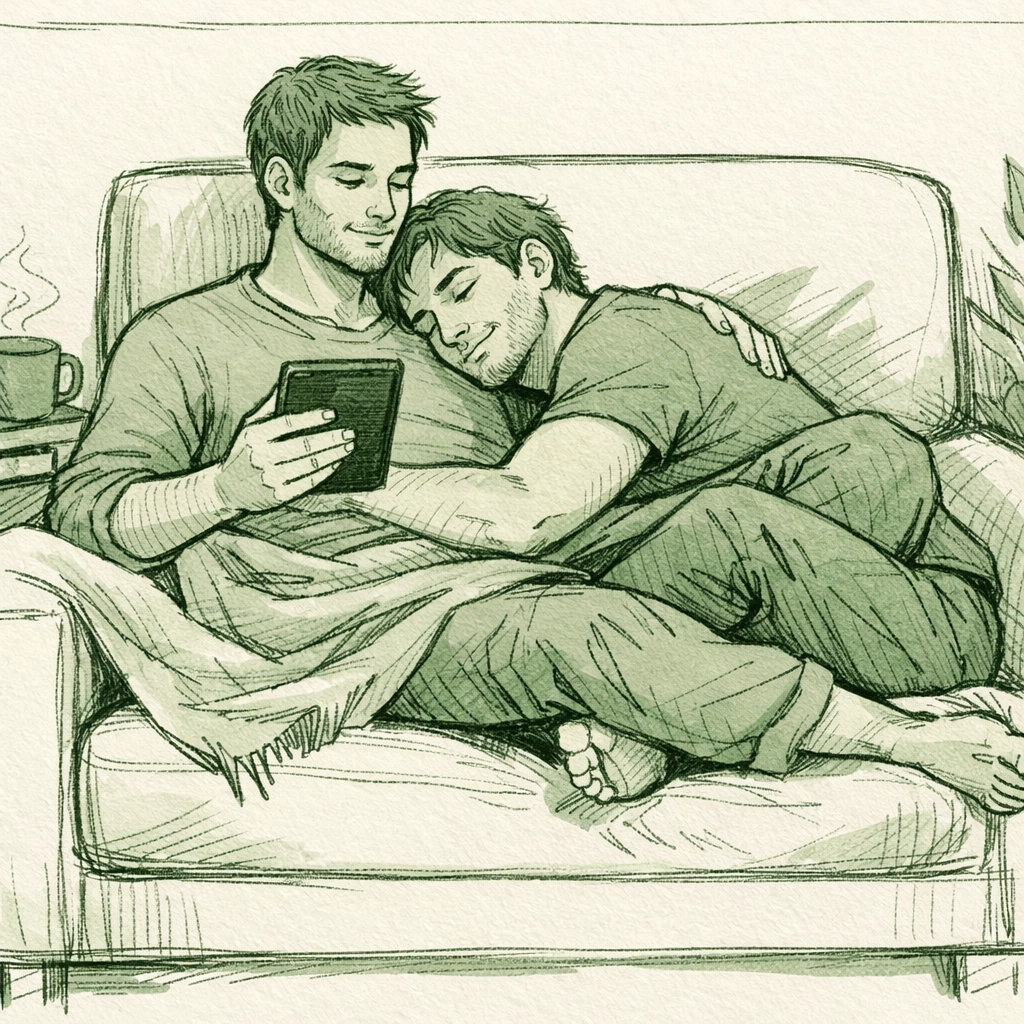 Couple reading MM romance together, reflecting the emotional connection found in heartfelt gay literature.