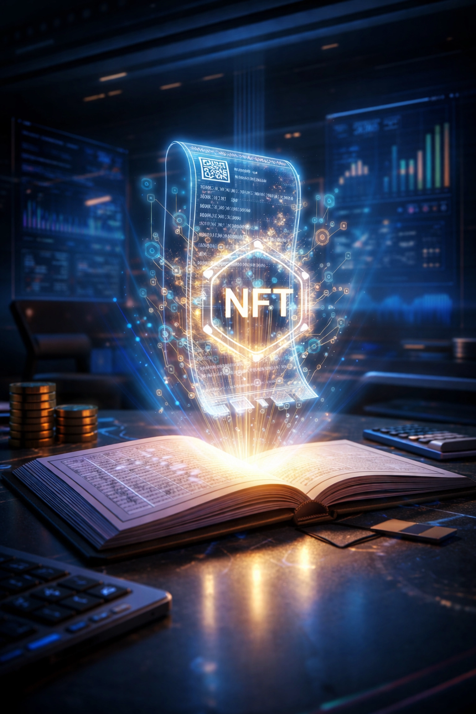 Glowing NFT receipt floating above an open book symbolizes secure, on-chain crypto payment documentation for accounting.