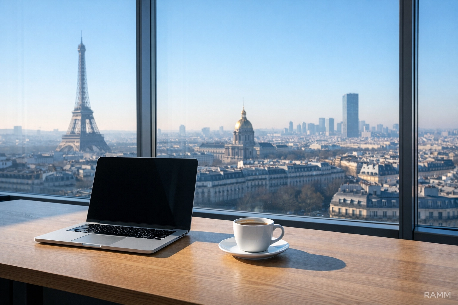 Modern professional workspace overlooking the Paris skyline for global business advertising and venue targeting.