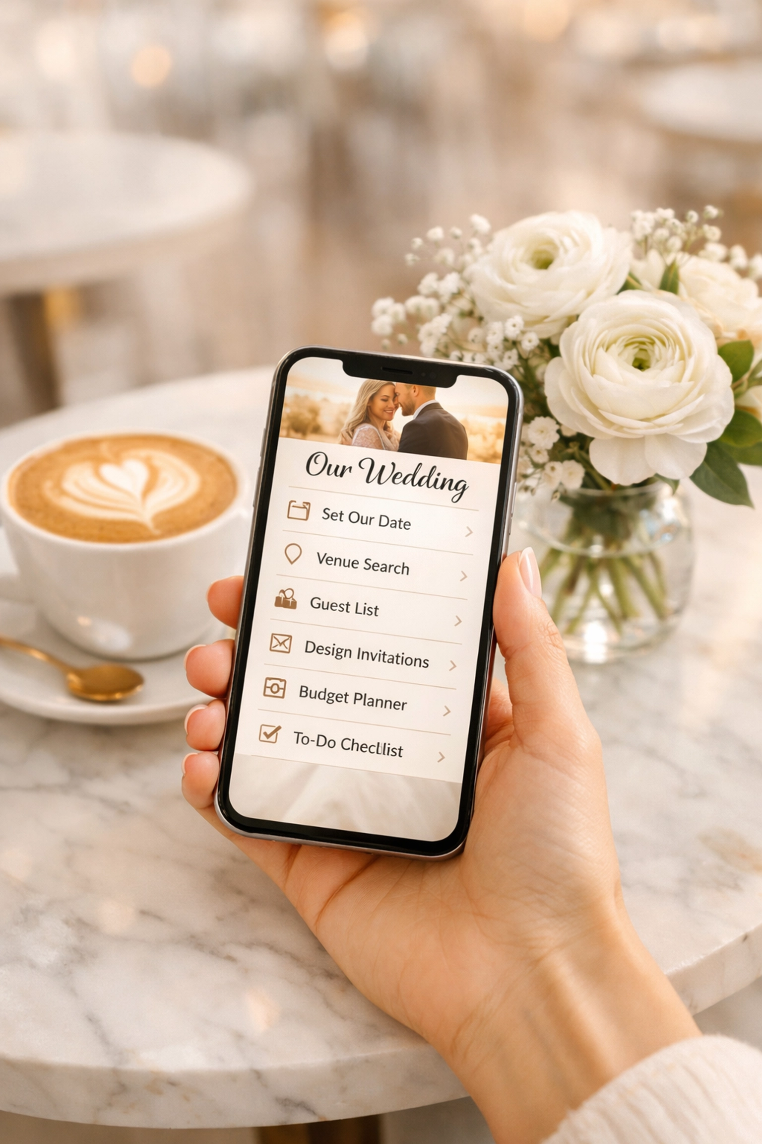 Person using a smartphone digital RSVP tool to manage their wedding budget and guest list.