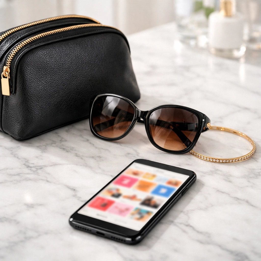 High-end accessories and a smartphone displaying the Black Wall Streets store on a luxury marble countertop.