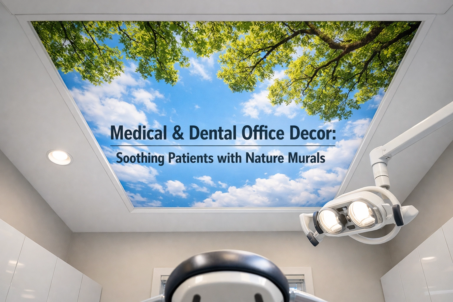Calming dental office ceiling mural of a sky and tree canopy for a relaxing patient experience.