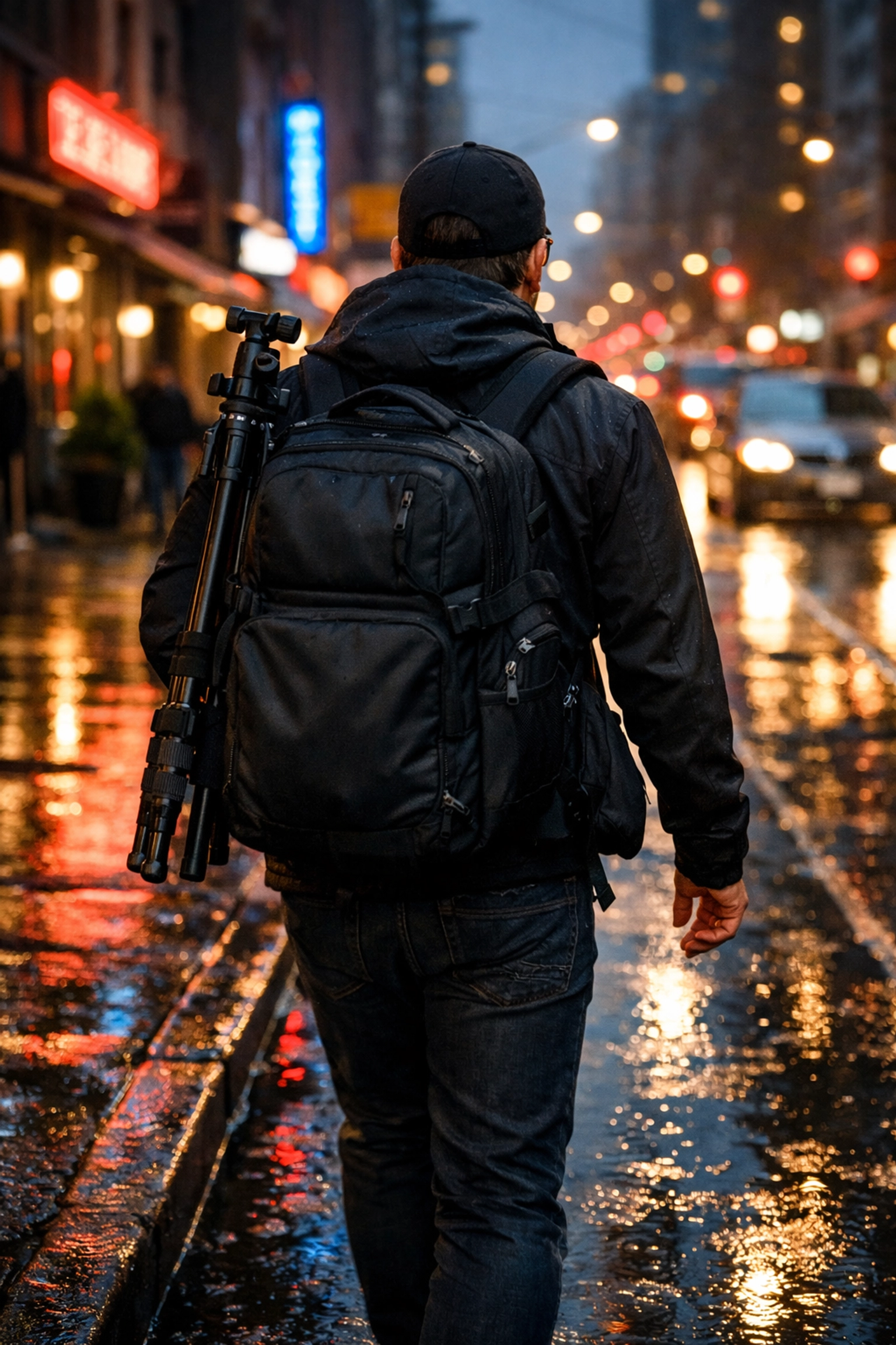 Professional photographer with camera bag and tripod walking down a rainy city street at twilight.