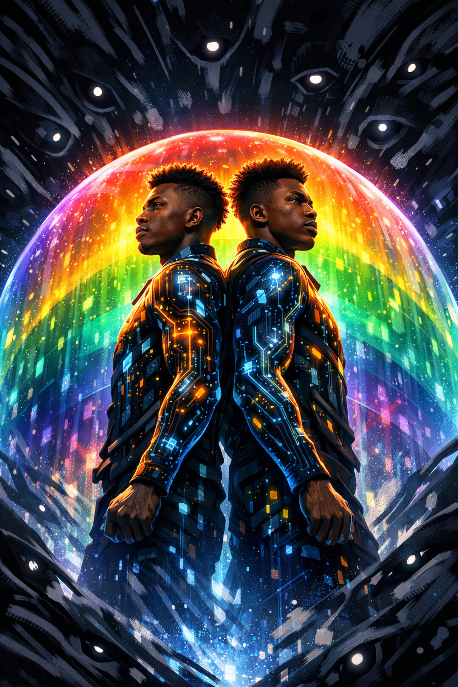 Queer African activists protected by a digital rainbow shield against online surveillance.