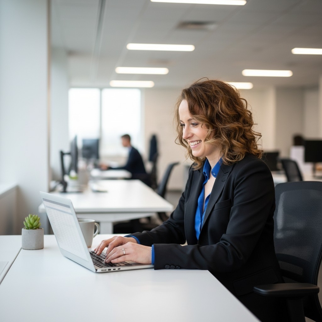 A professional woman in business attire works at a laptop in a modern office