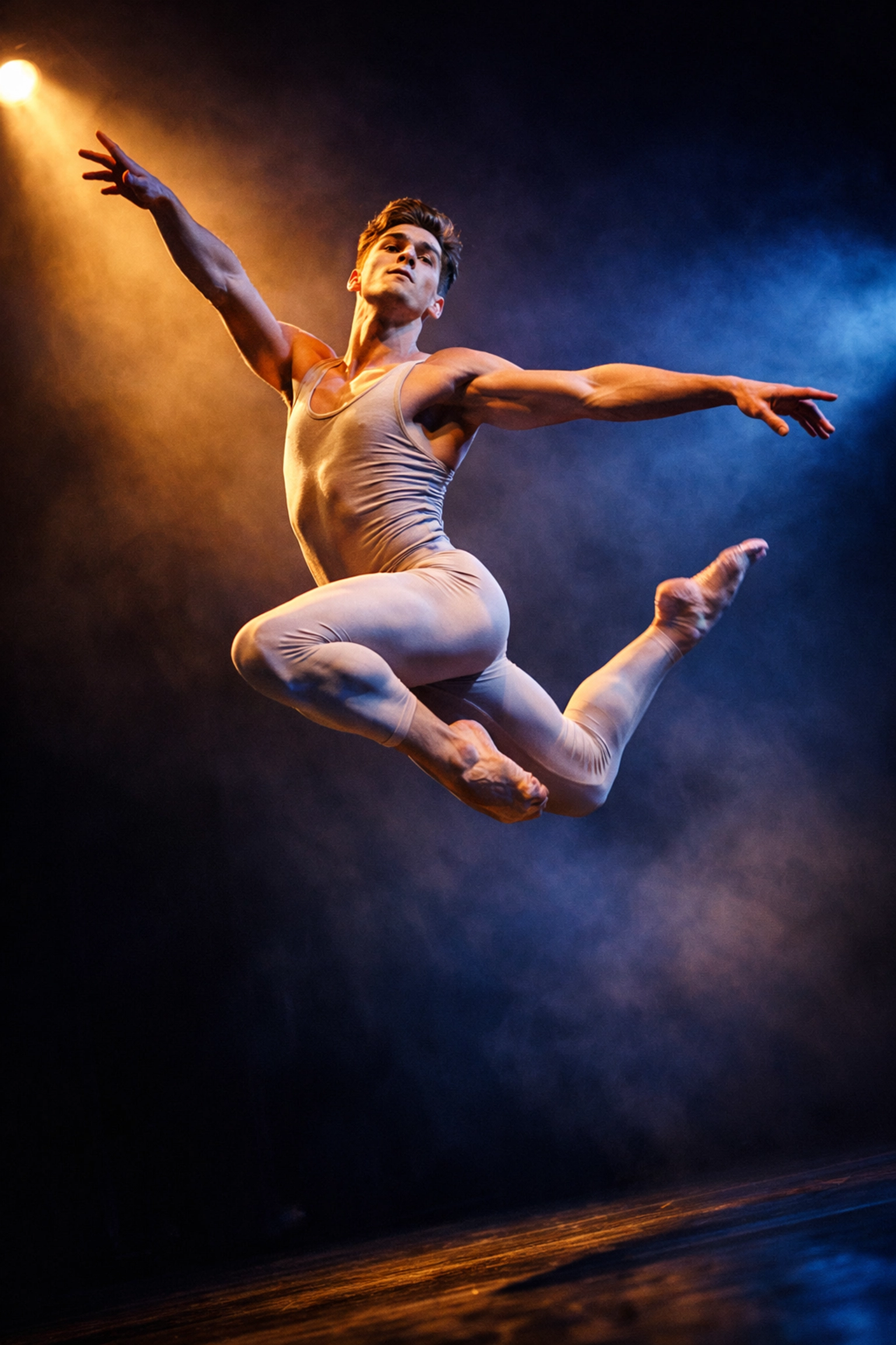 Male ballet dancer leaping gracefully, challenging traditional masculinity stereotypes