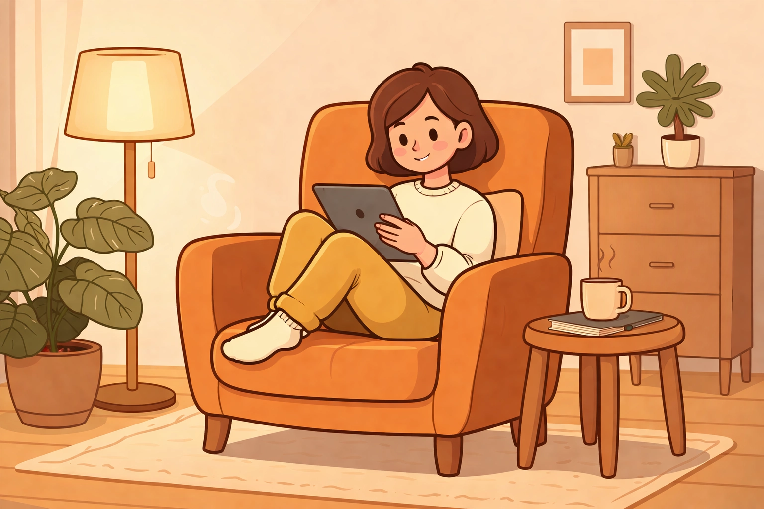 A minimalist, warm illustration of a person relaxing in an armchair holding a tablet in a cozy room, representing accessible telehealth care.