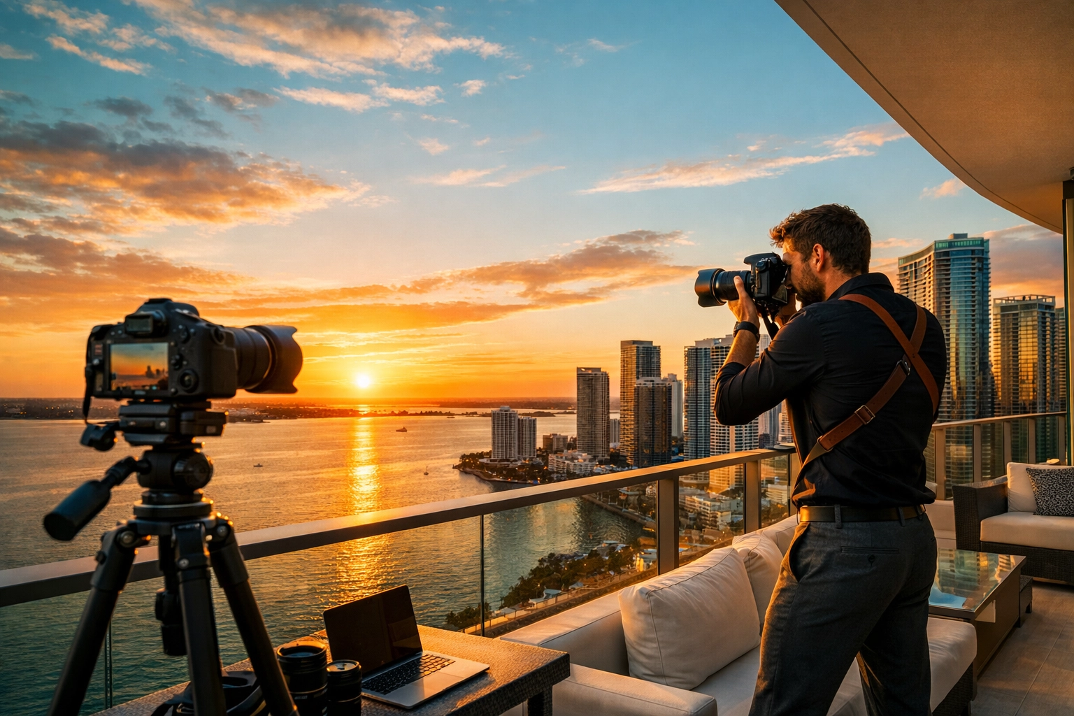 Professional real estate photographer shooting a luxury penthouse in Miami at sunset.