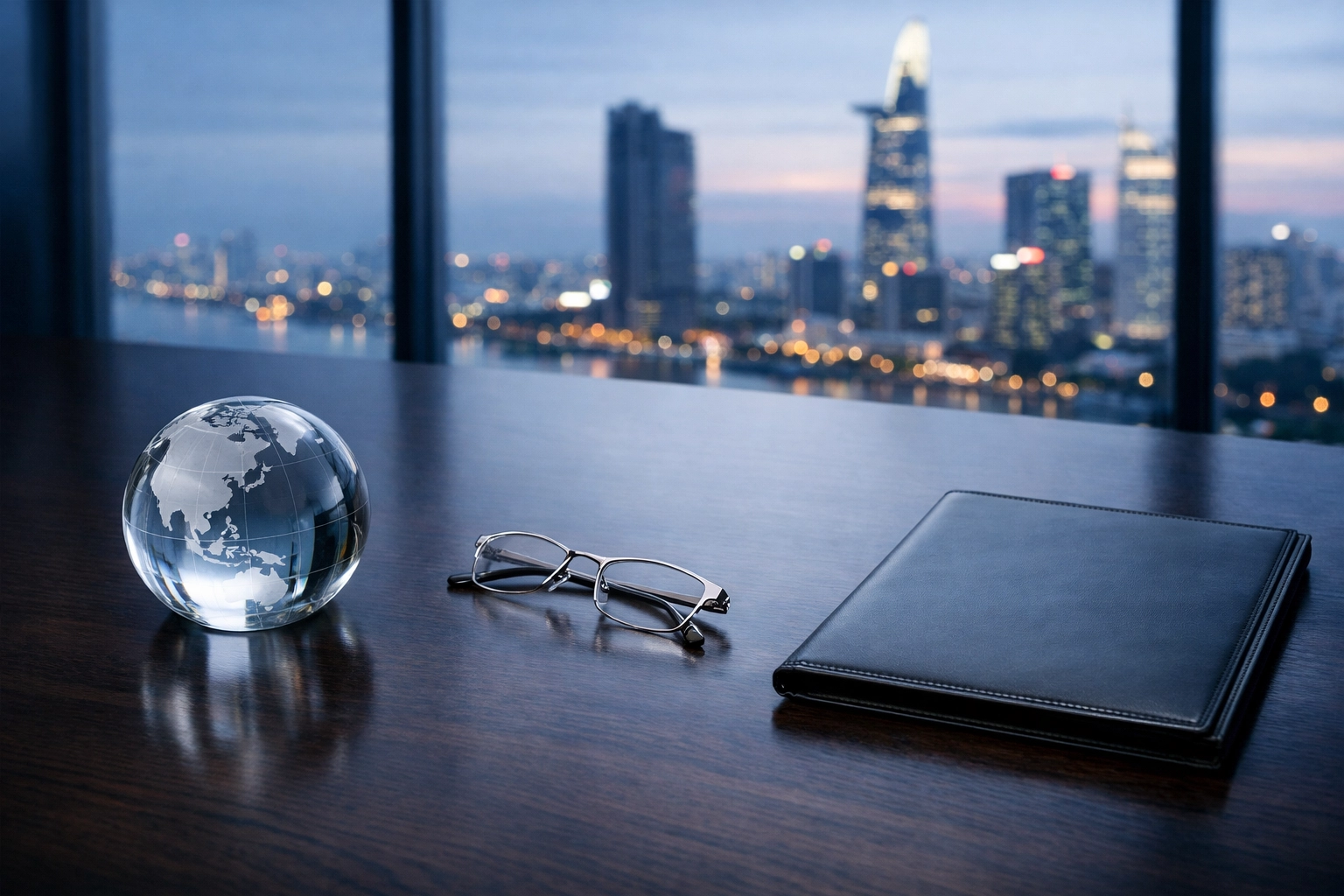 Modern boardroom table with a glass globe and folder representing global transfer pricing compliance in Vietnam.