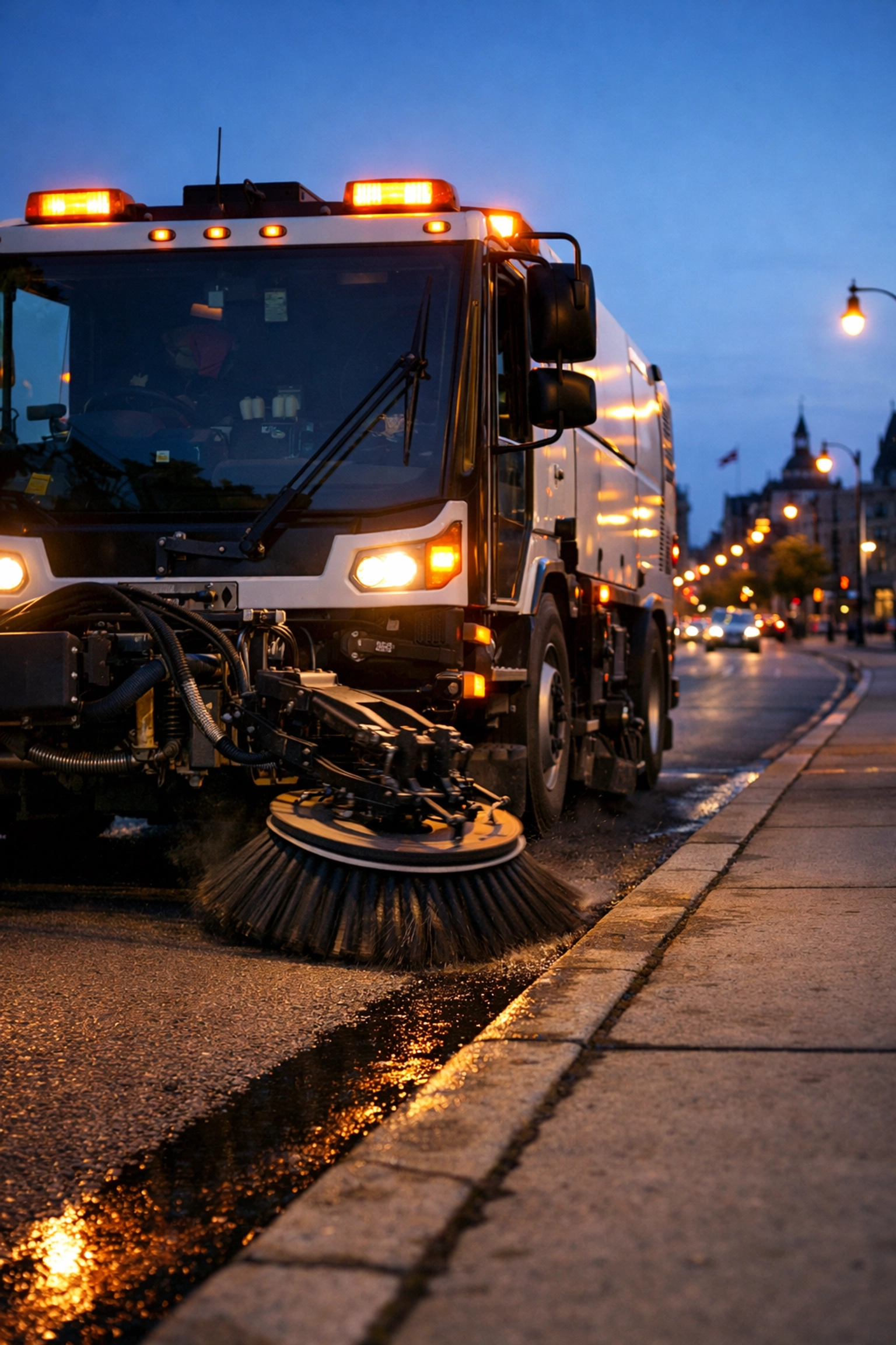 Balai mécanique nettoyant la chaussée, une réponse à quoi faire à Montréal pour une ville plus propre.