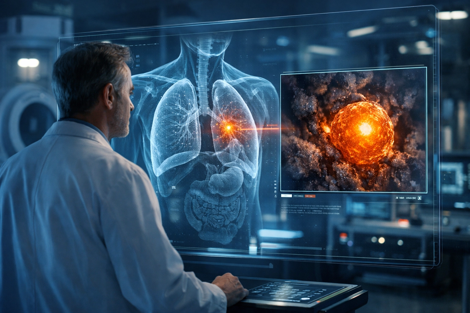 Radiologist analyzing 3D holographic lung scan with AI highlighting early stage cancer markers.