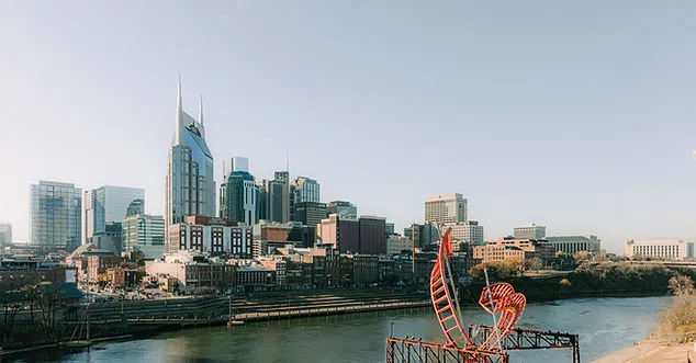 Downtown Nashville skyline featuring modern and historic buildings by the riverfront