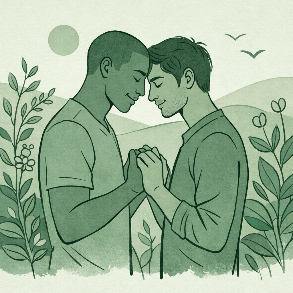 Black and South Asian gay couple embracing in a garden, representing intersectionality in MM romance.