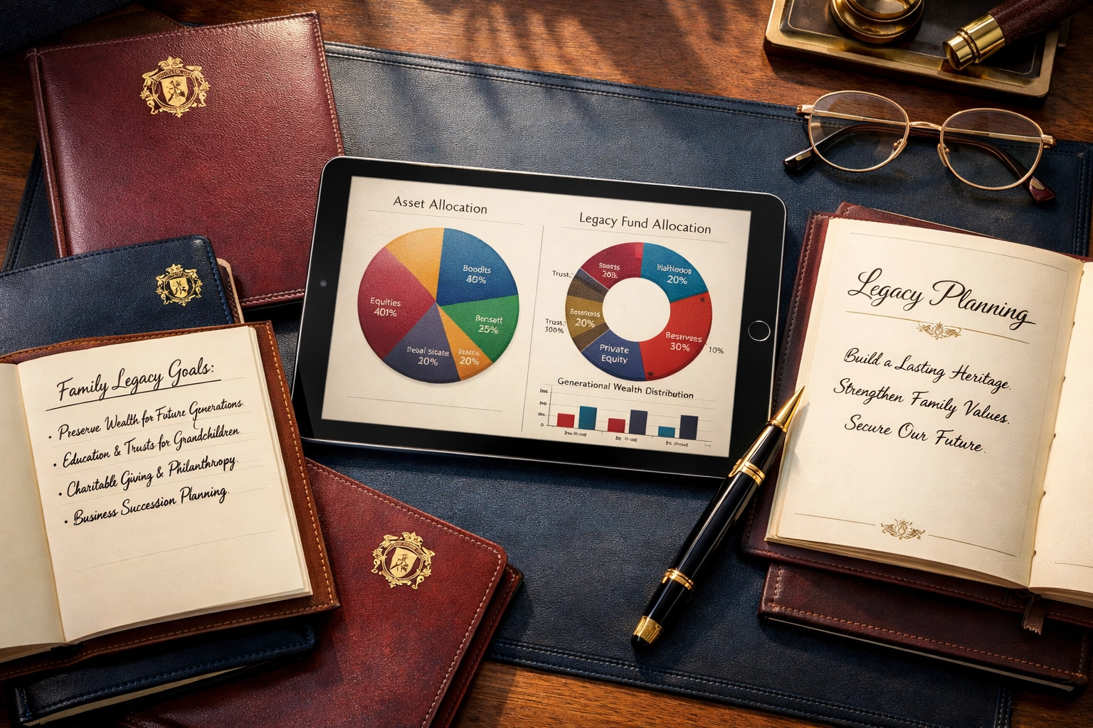 Family office asset allocation planning with portfolio charts and wealth preservation strategy documents